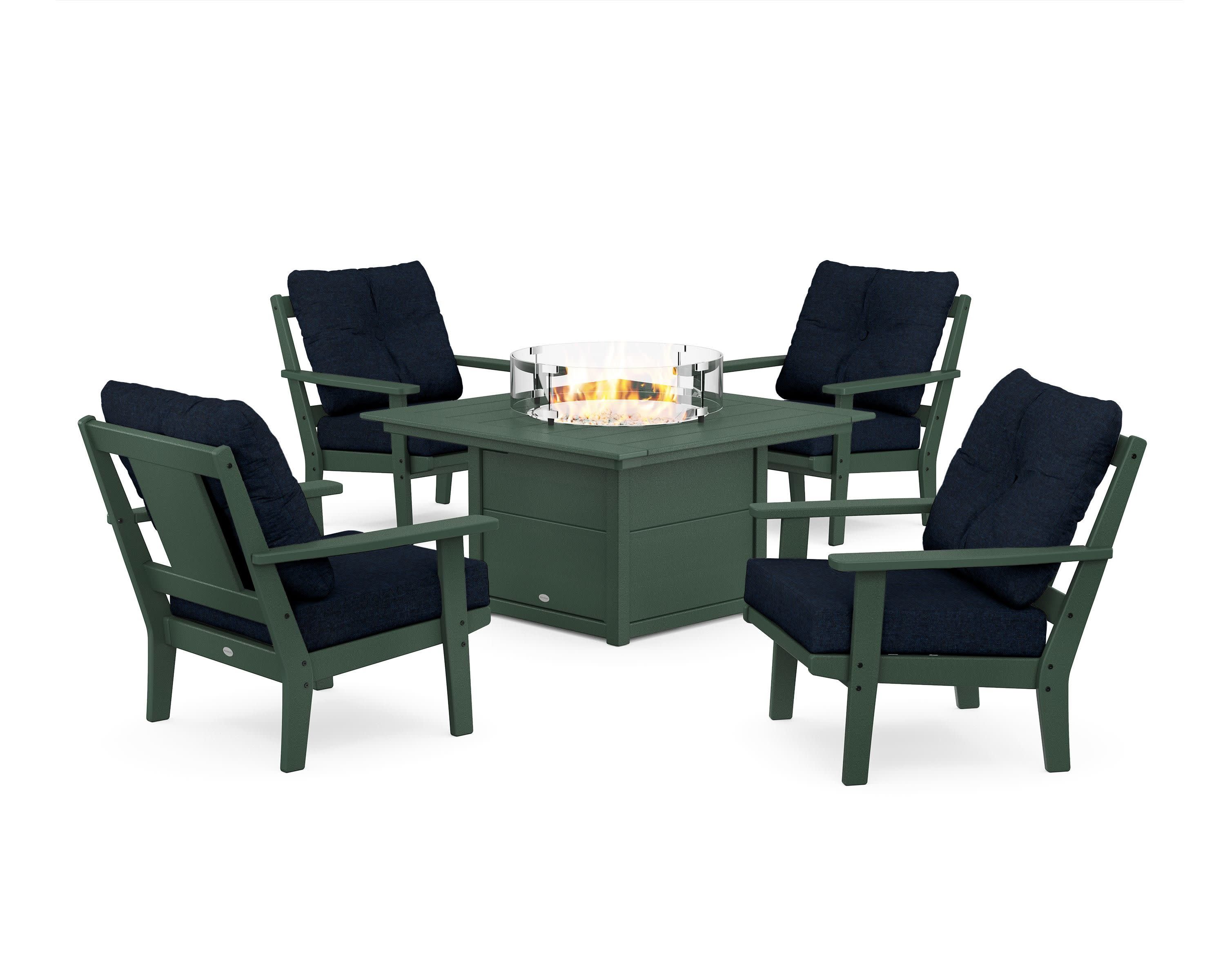 Prairie 5-Piece Deep Seating Set with Fire Pit Table in Green / Marine Indigo