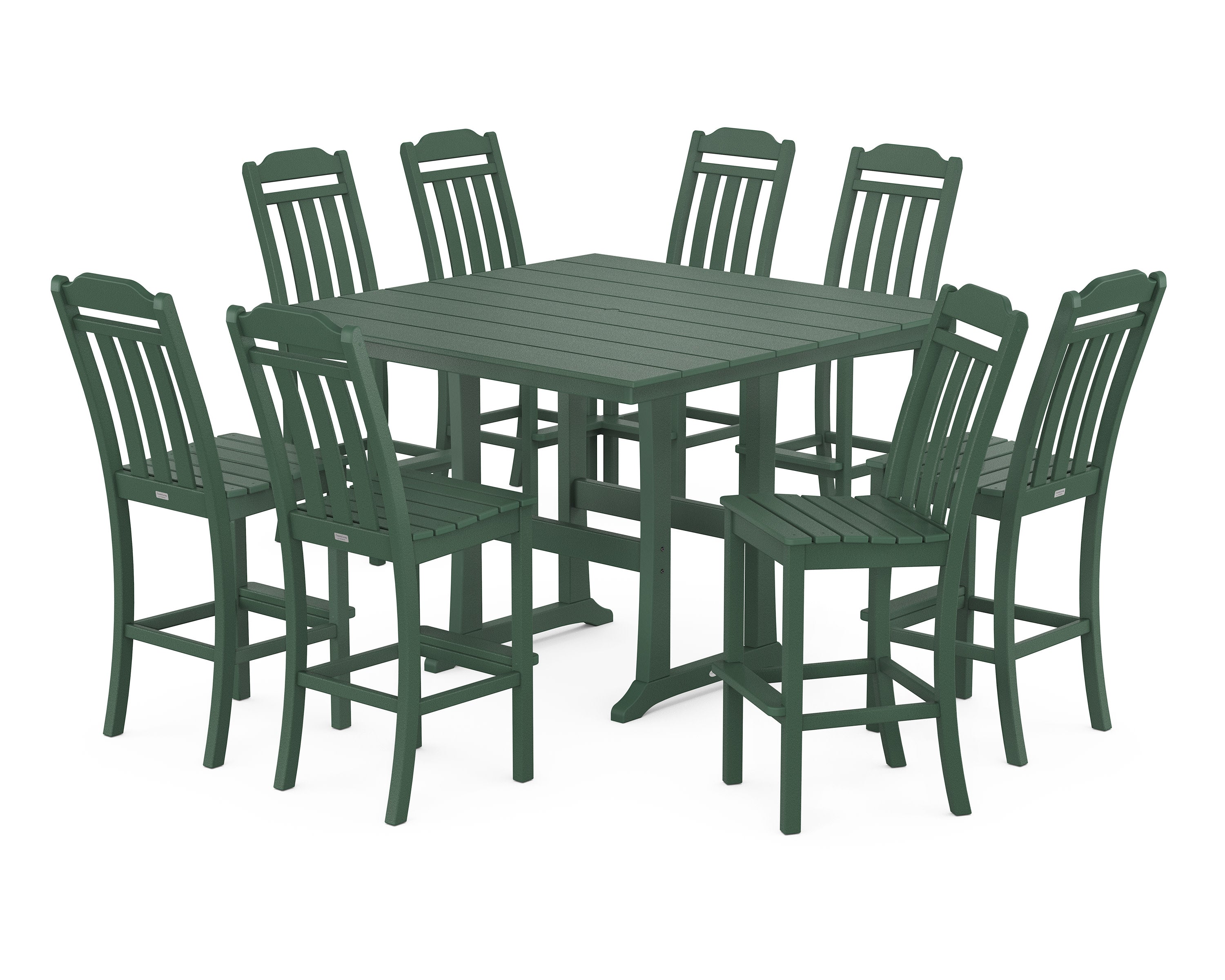 Cottage 9-Piece Square Farmhouse Side Chair Bar Set with Trestle Legs in Green