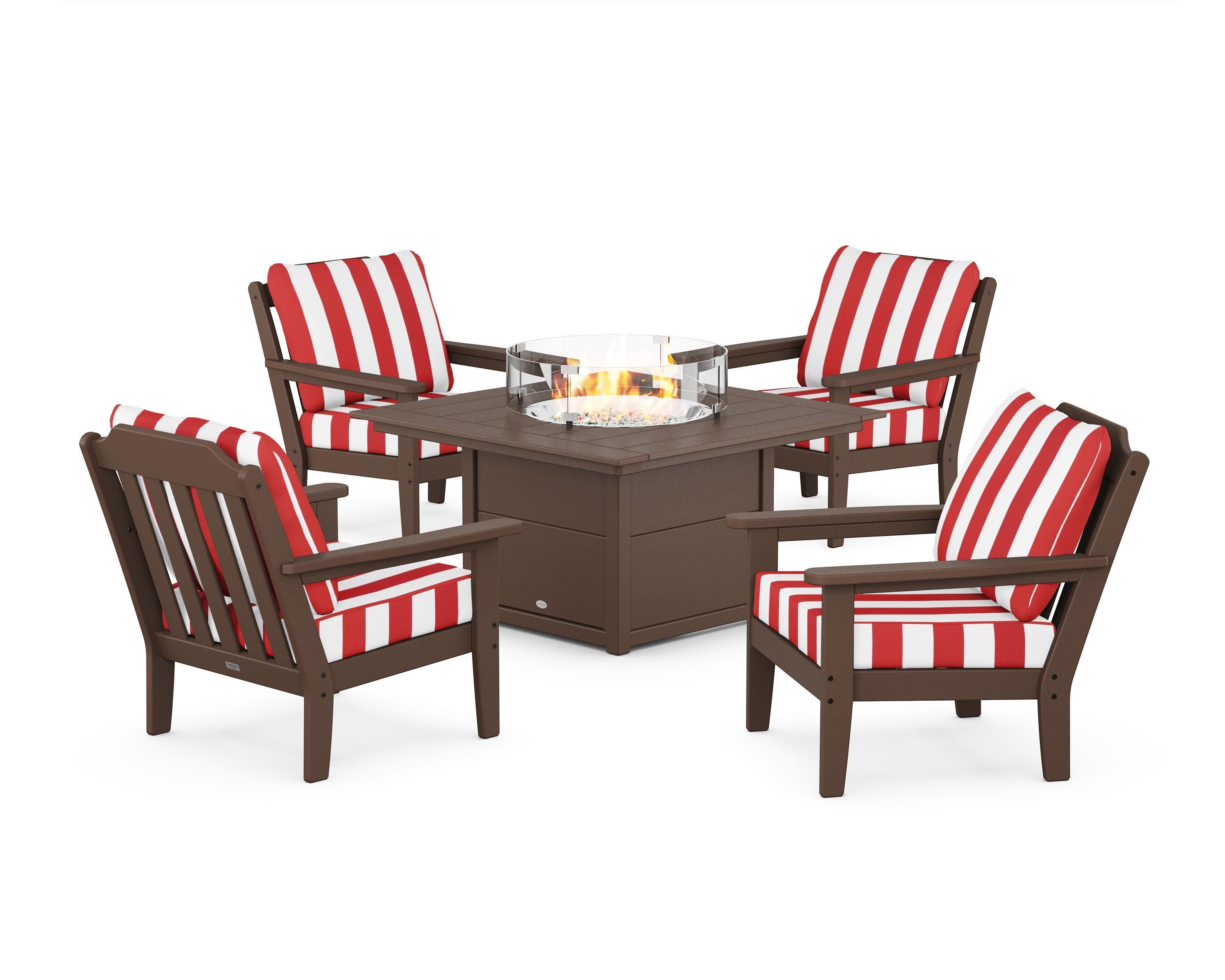 Cottage 5-Piece Deep Seating Set with Fire Pit Table in Mahogany / Cabana Stripe Crimson