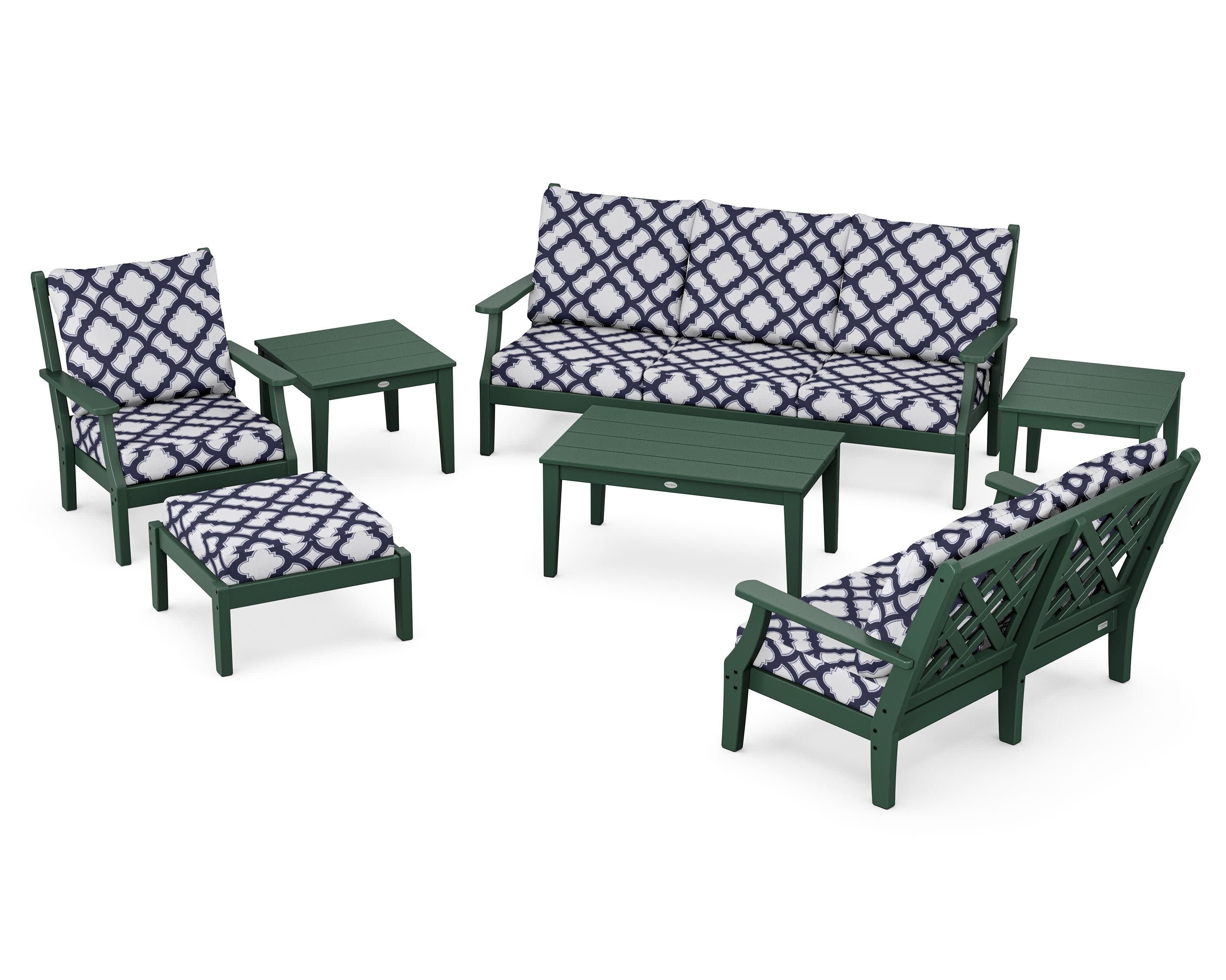Wovendale 7-Piece Deep Seating Set in Green / Trellis Navy