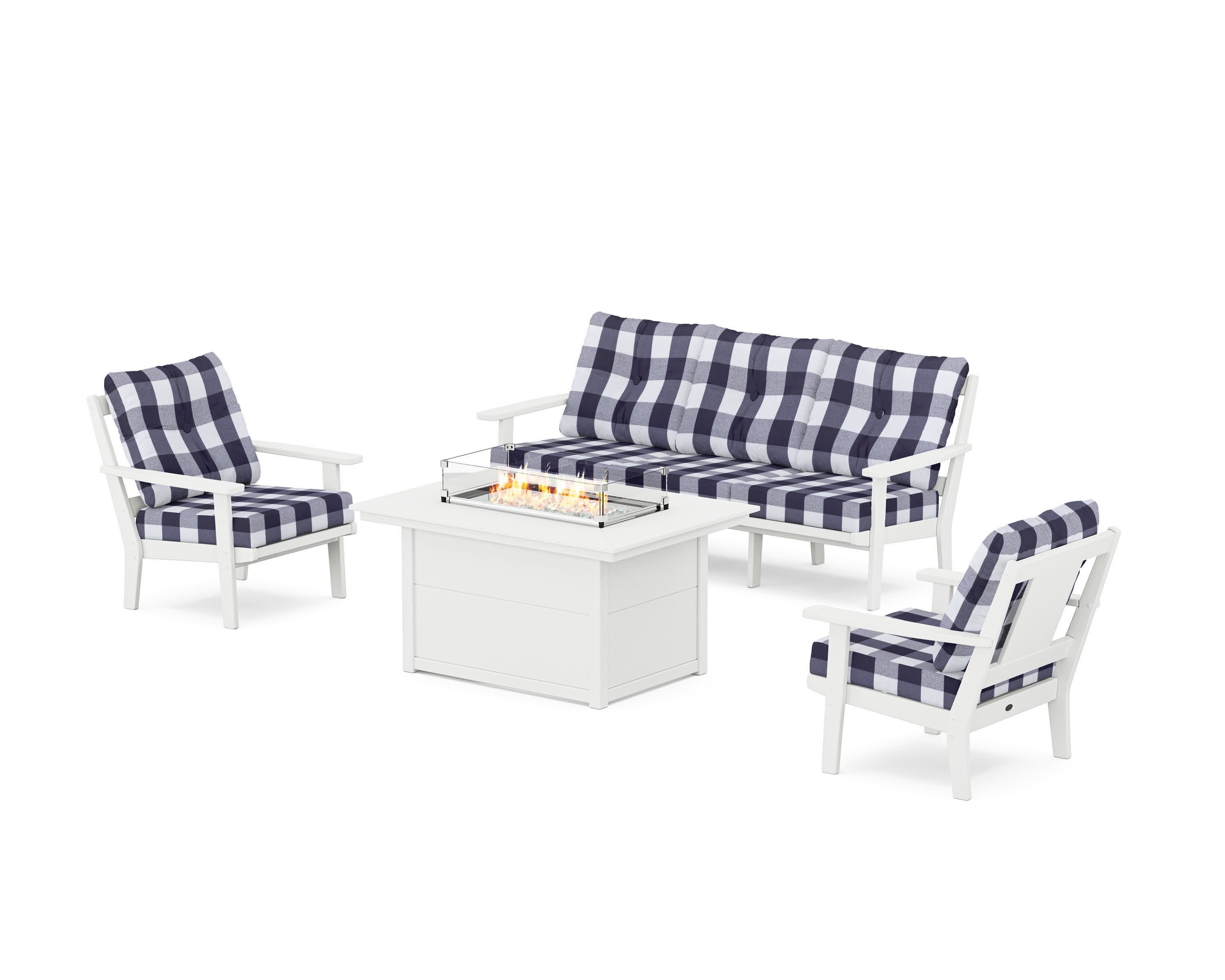 Prairie Deep Seating Fire Pit Table Set in White / Buffalo Plaid Navy