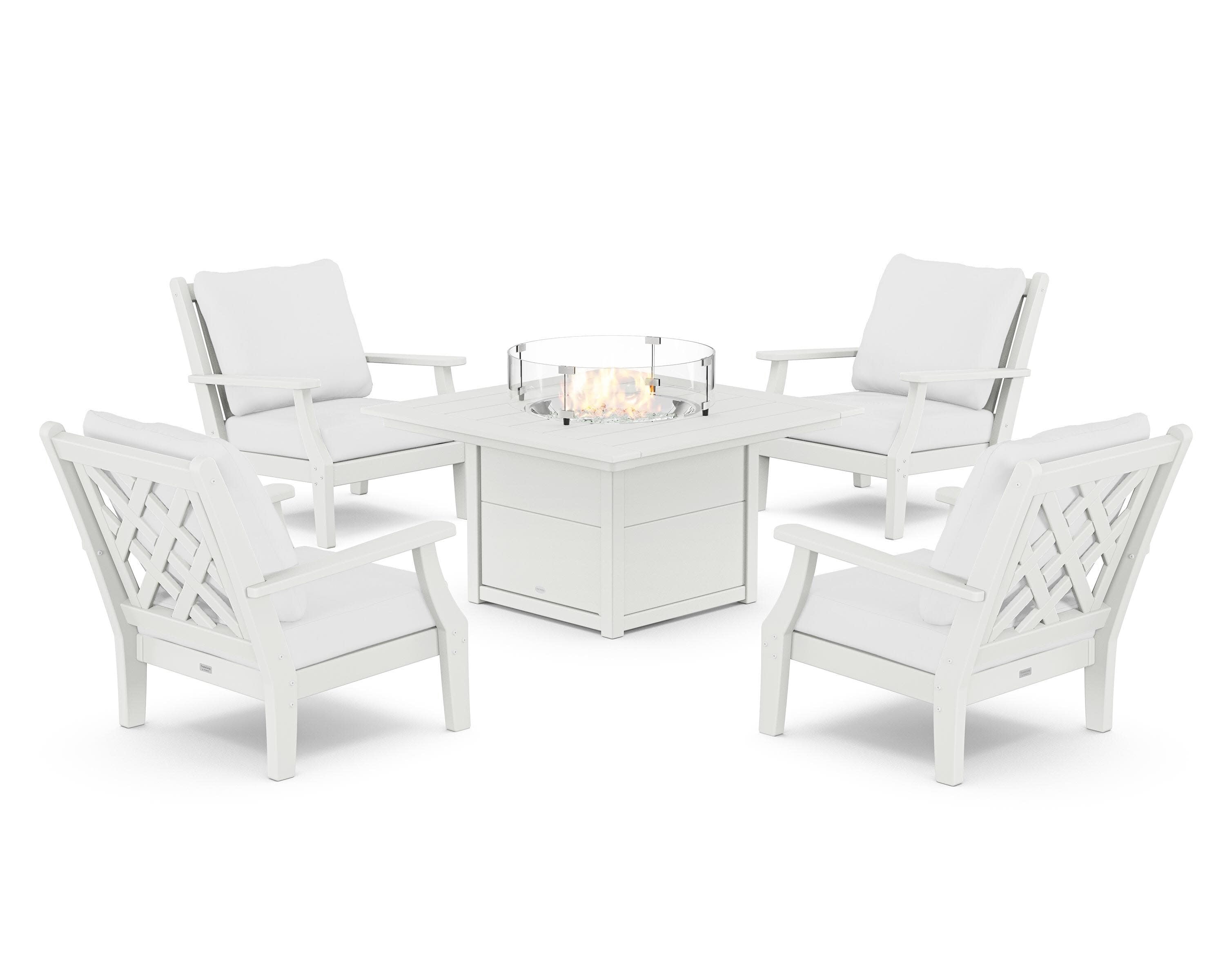 Wovendale 5-Piece Deep Seating Set with Fire Pit Table in White / Natural