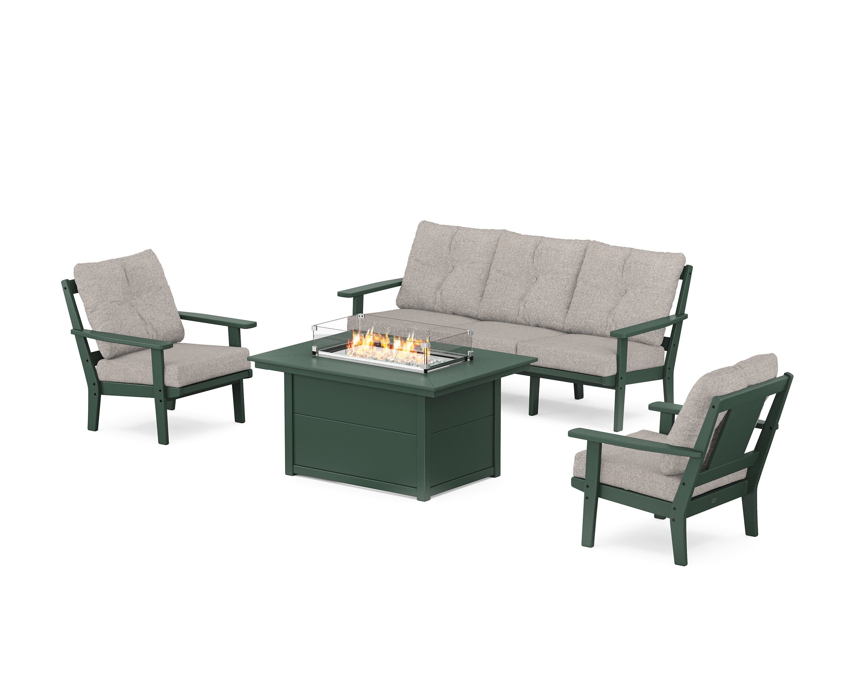 Prairie Deep Seating Fire Pit Table Set in Green / Weathered Tweed