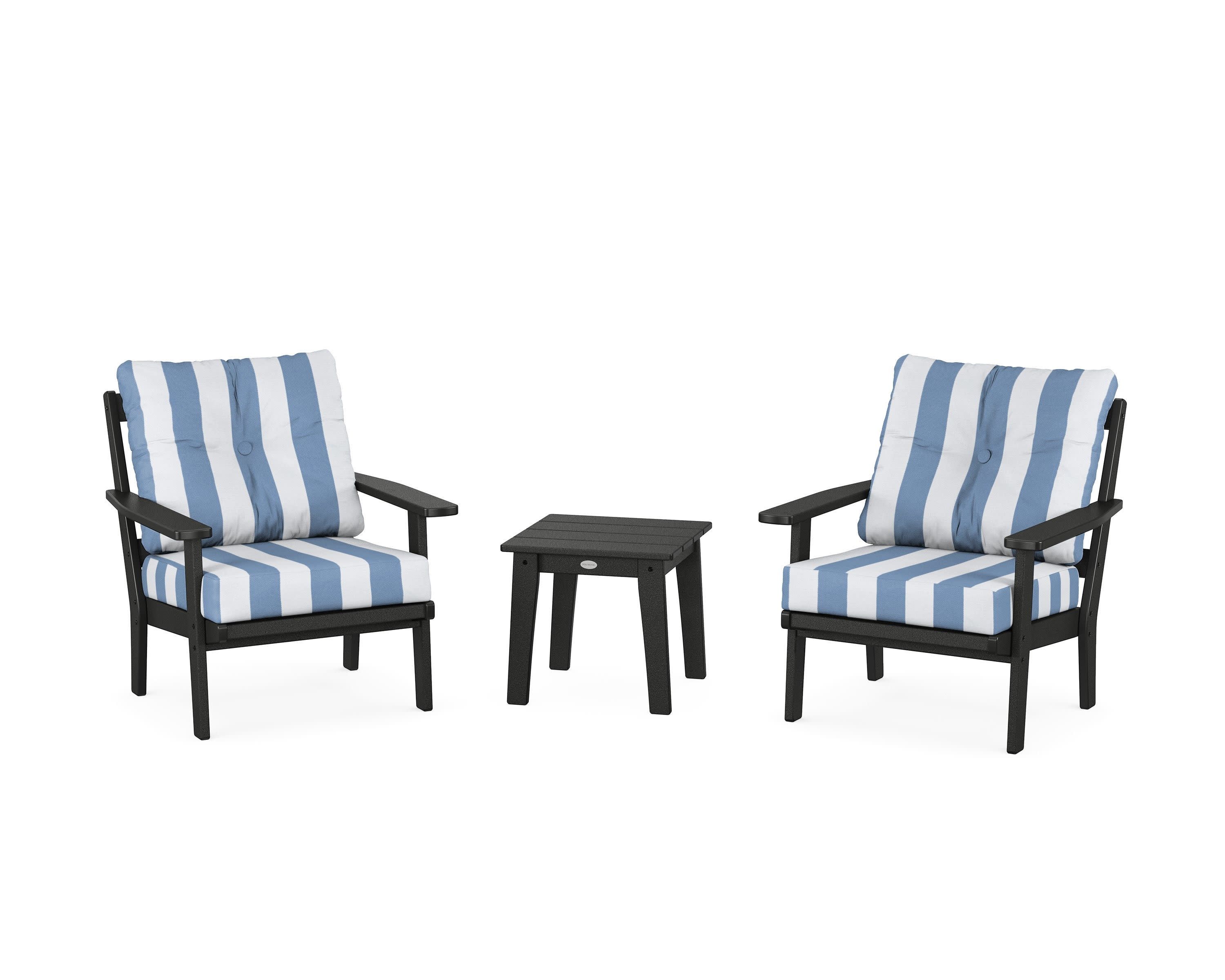 Prairie 3-Piece Deep Seating Set in Black / Cabana Stripe Sky Blue