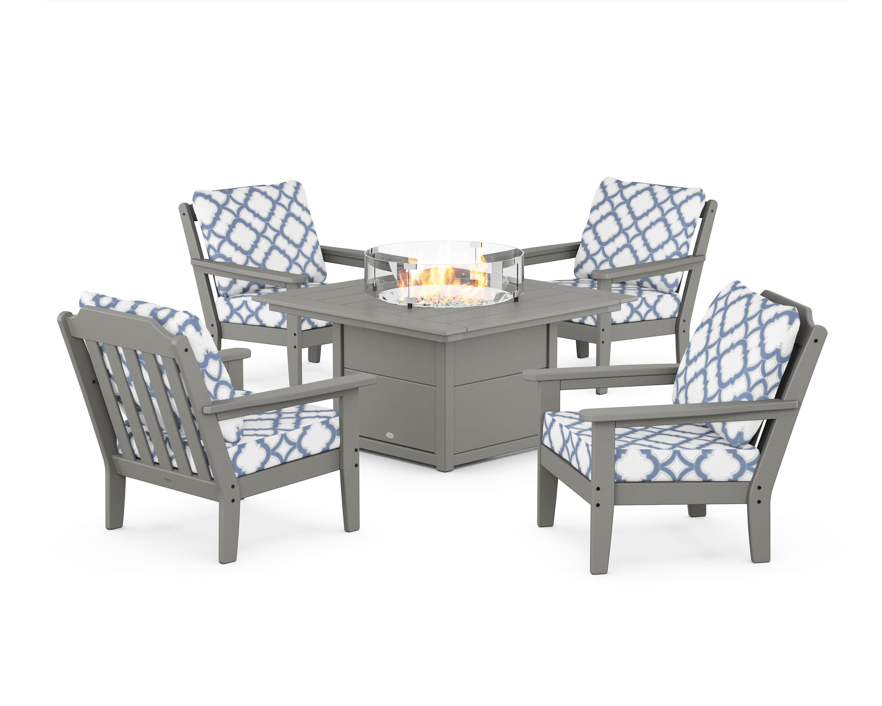 Cottage 5-Piece Deep Seating Set with Fire Pit Table in Slate Grey / Trellis Sky Blue