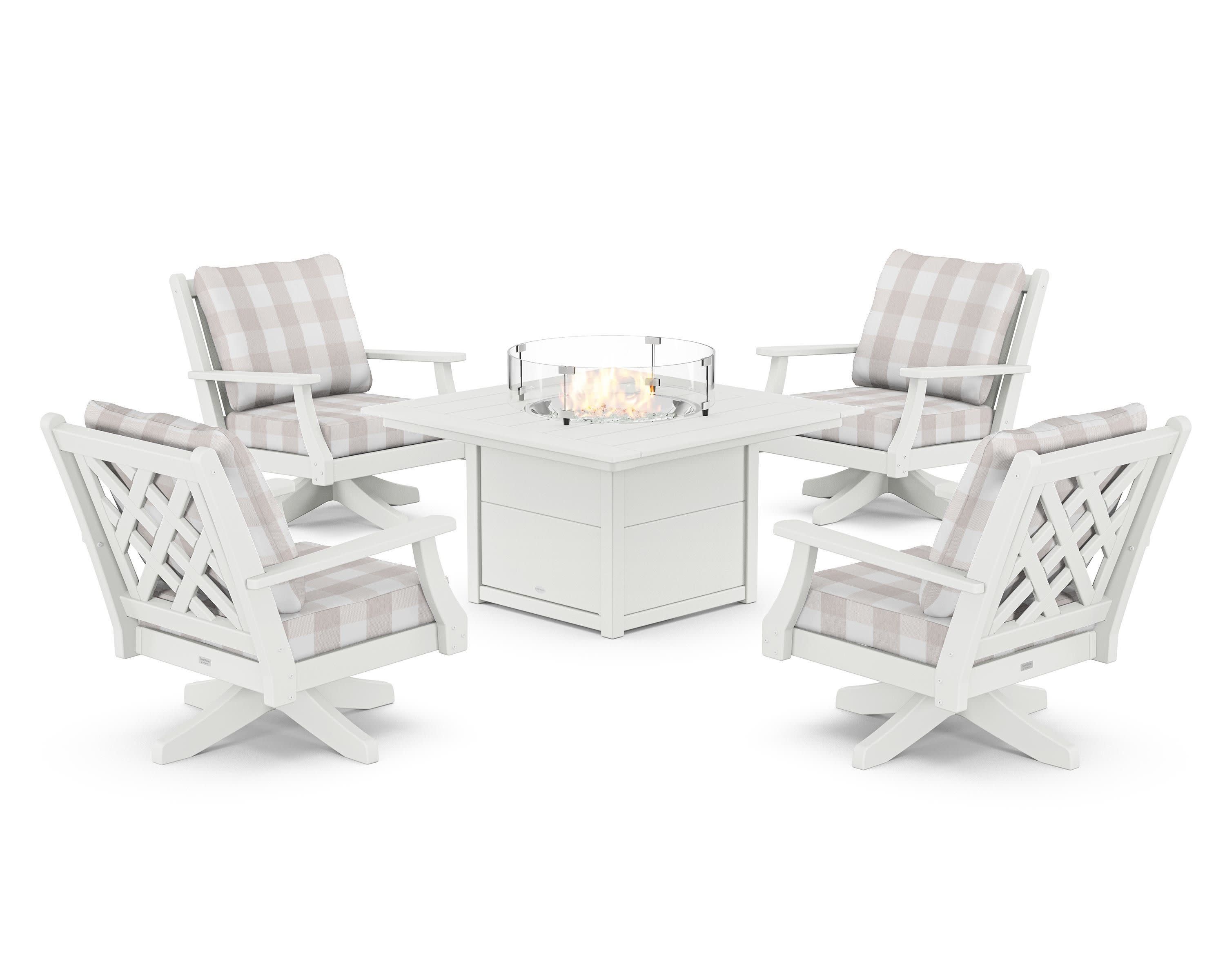 Wovendale 5-Piece Deep Seating Swivel Conversation Set with Fire Pit Table in White / Buffalo Plaid Dune Burlap