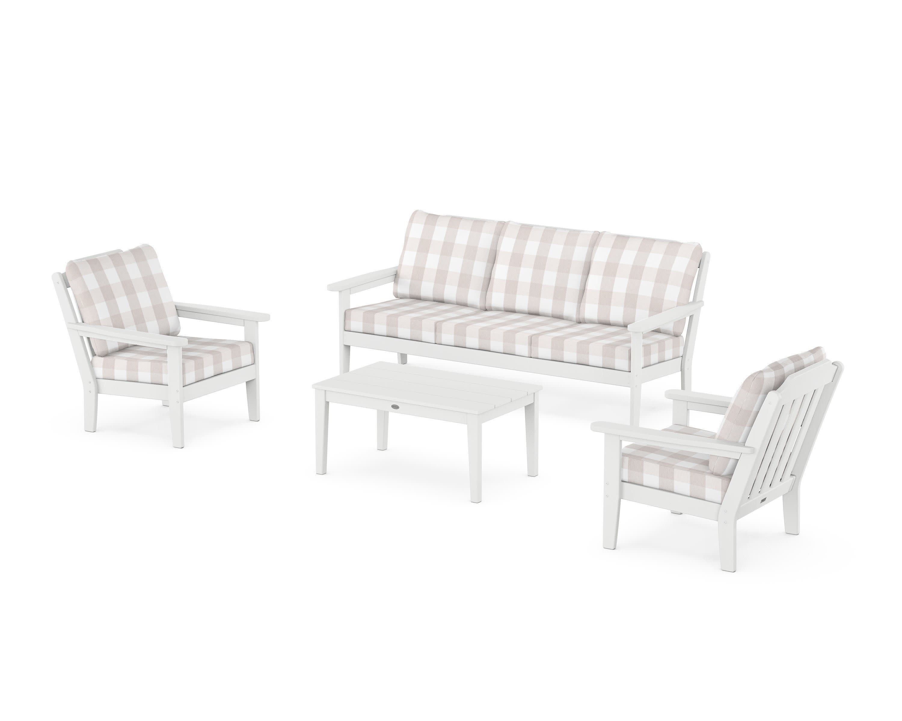 Cottage 4-Piece Deep Seating Set with Sofa in White / Buffalo Plaid Dune Burlap