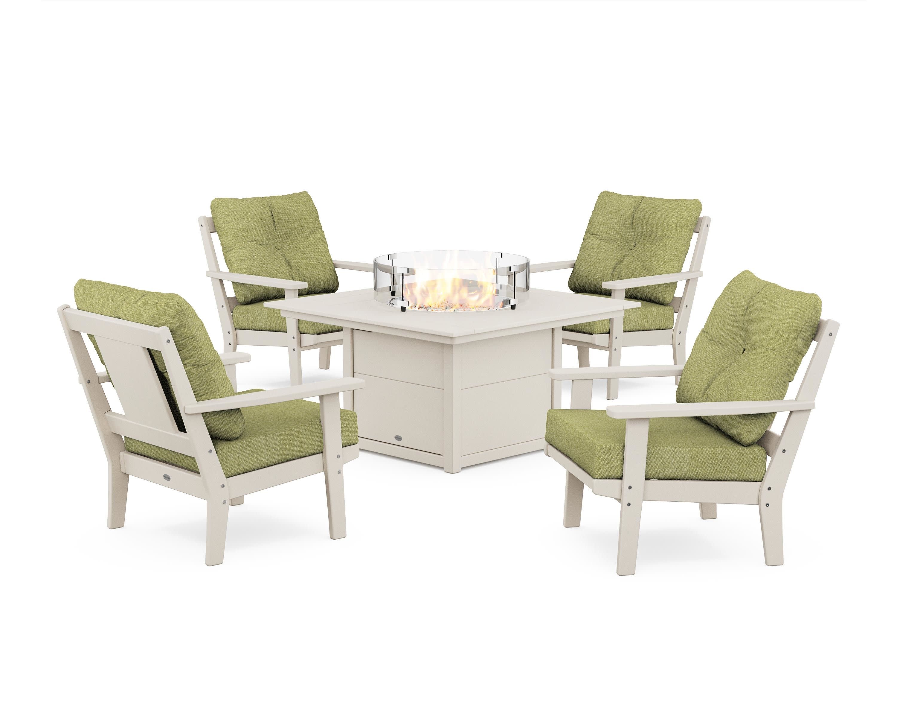 Prairie 5-Piece Deep Seating Set with Fire Pit Table in Sand / Chartreuse Boucle