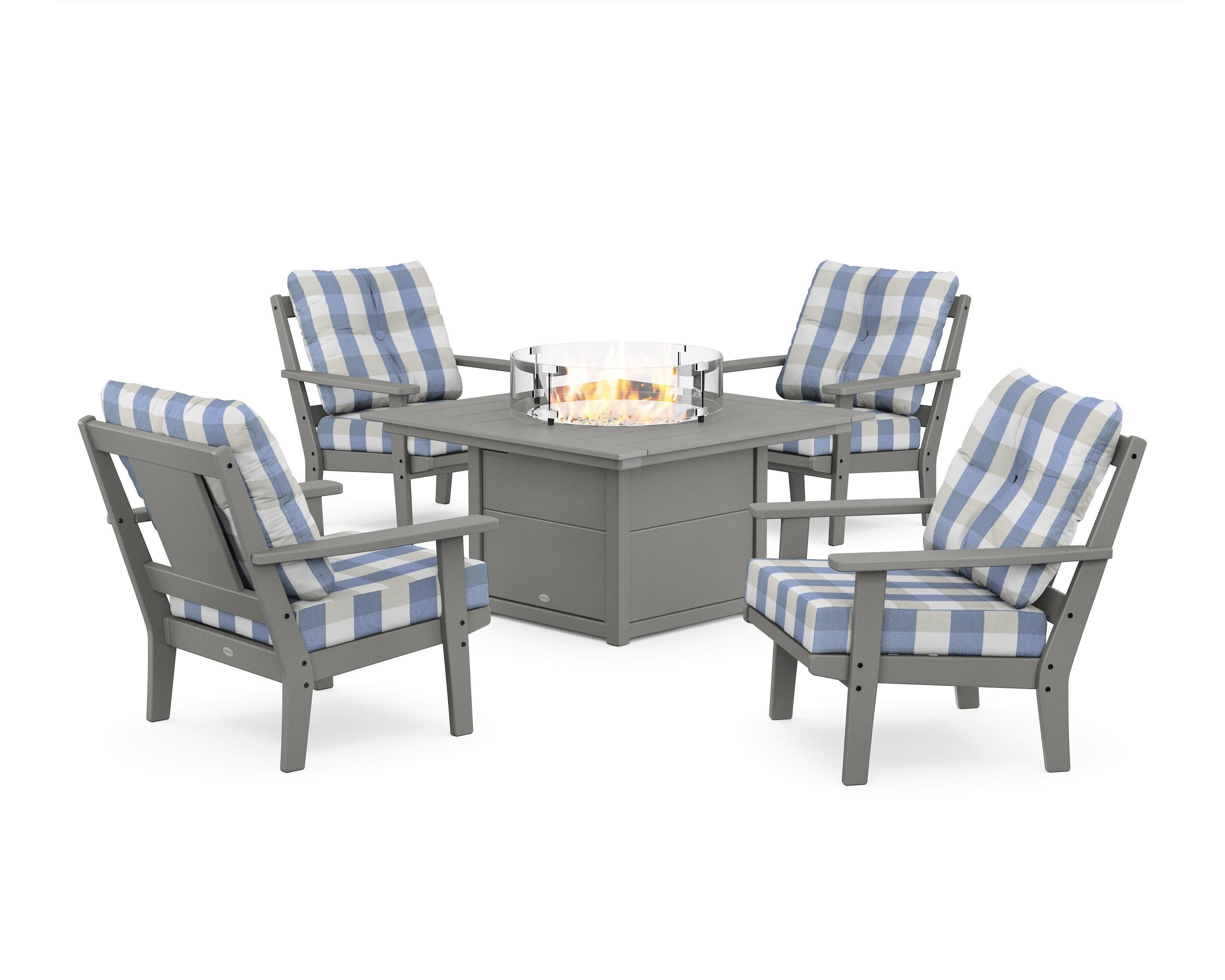 Prairie 5-Piece Deep Seating Set with Fire Pit Table in Slate Grey / Buffalo Plaid Sky Blue