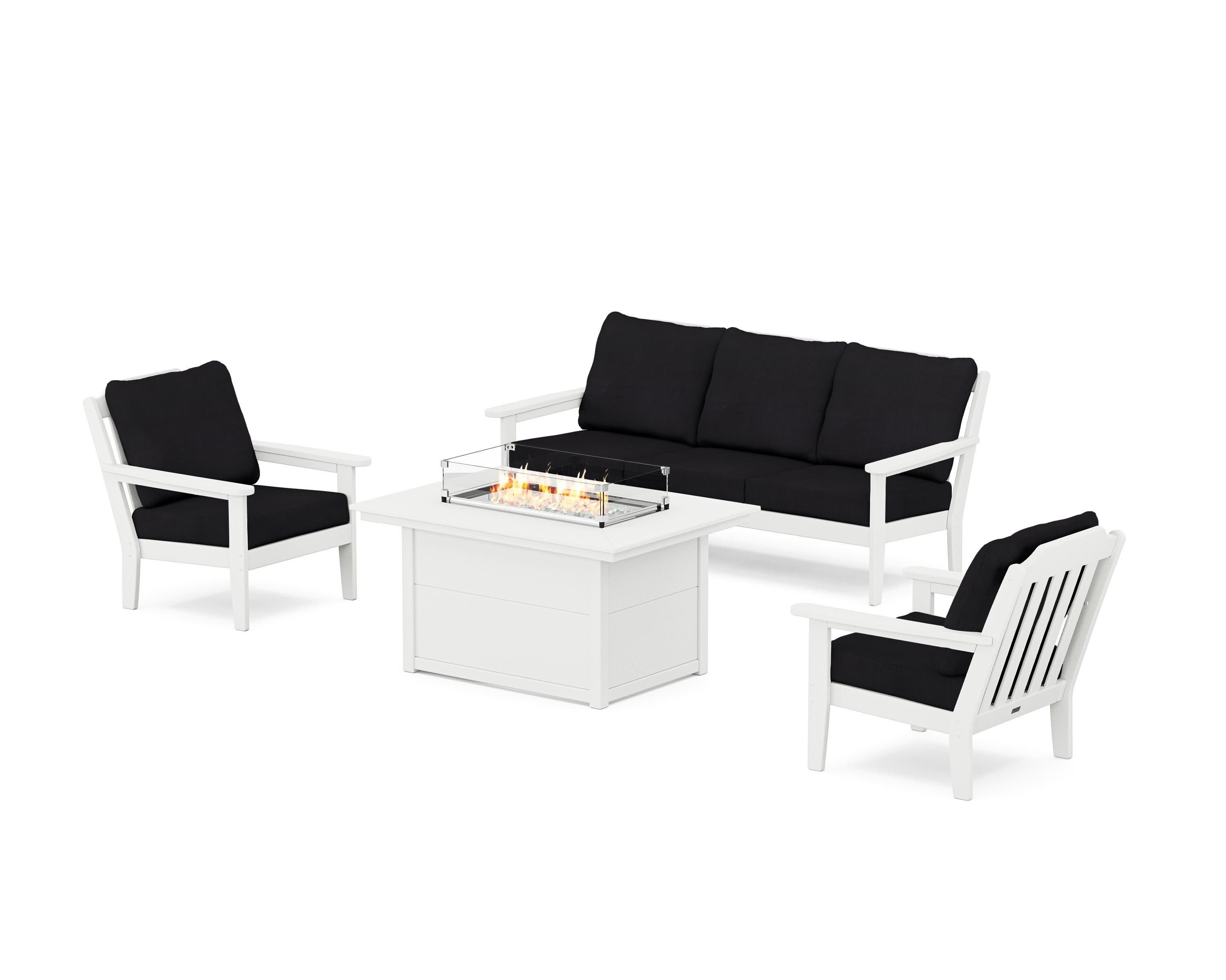 Cottage Deep Seating Fire Pit Table Set in White / Midnight Linen