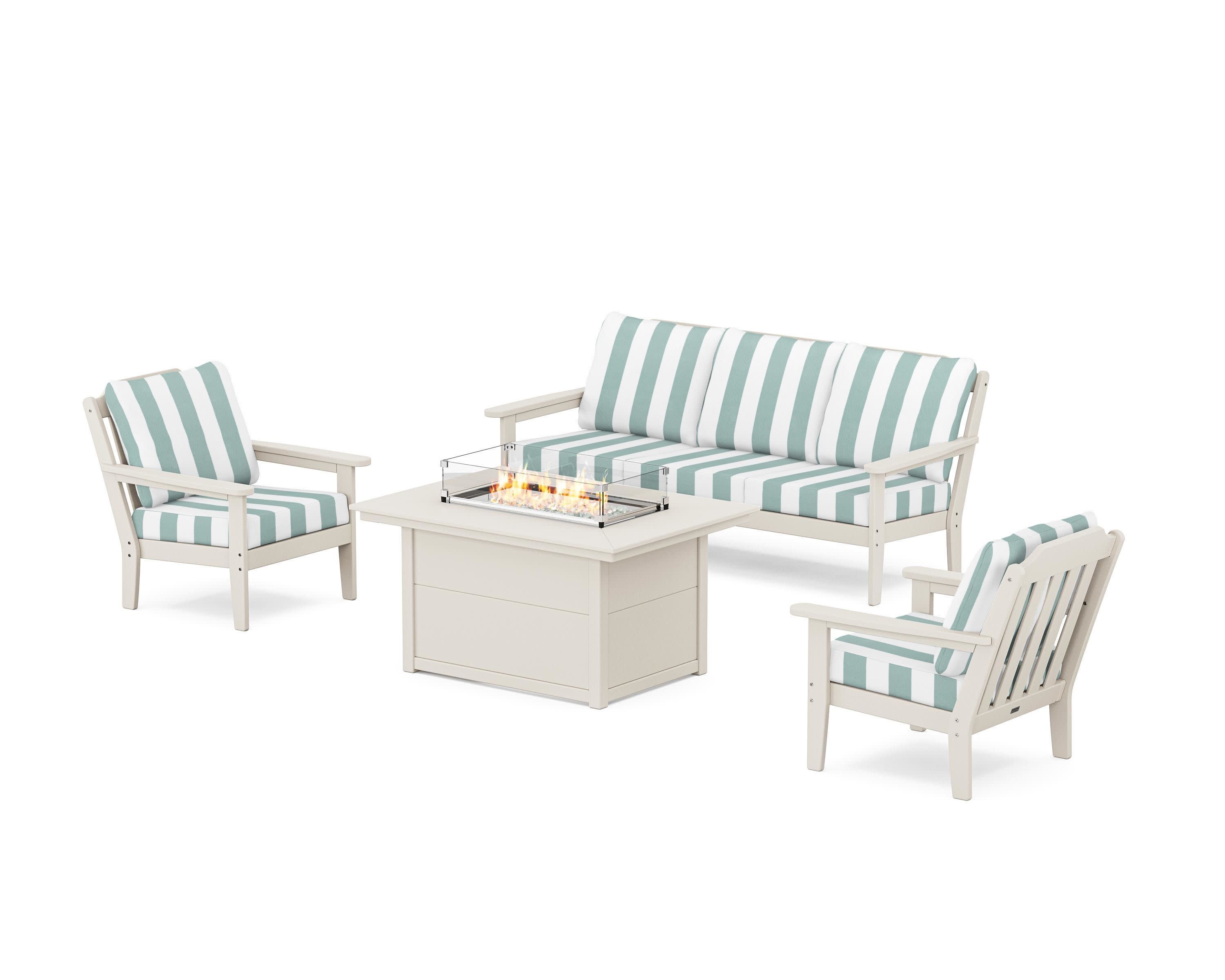 Cottage Deep Seating Fire Pit Table Set in Sand / Cabana Stripe Glacier Spa