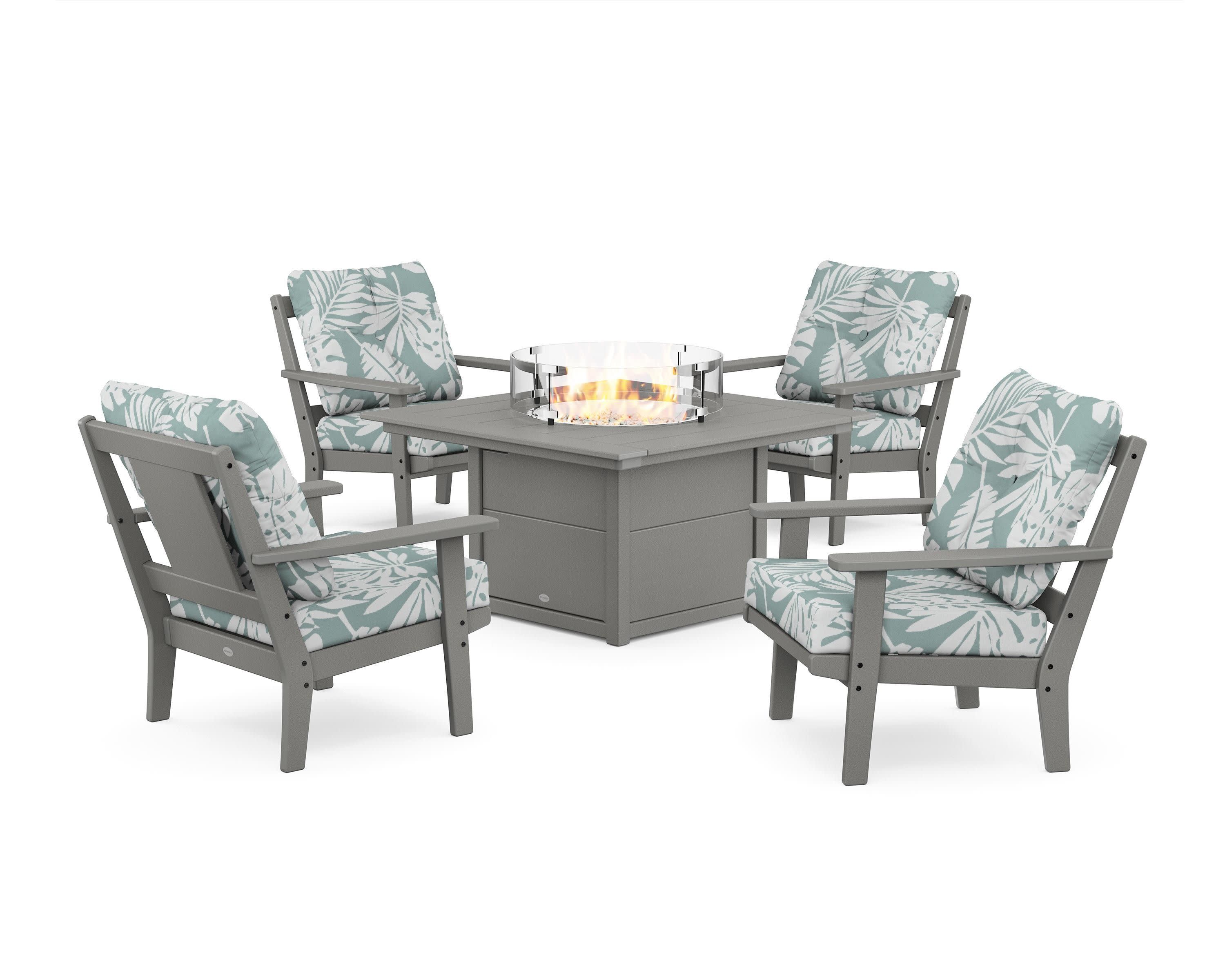 Prairie 5-Piece Deep Seating Set with Fire Pit Table in Slate Grey / Leaf Glacier Spa