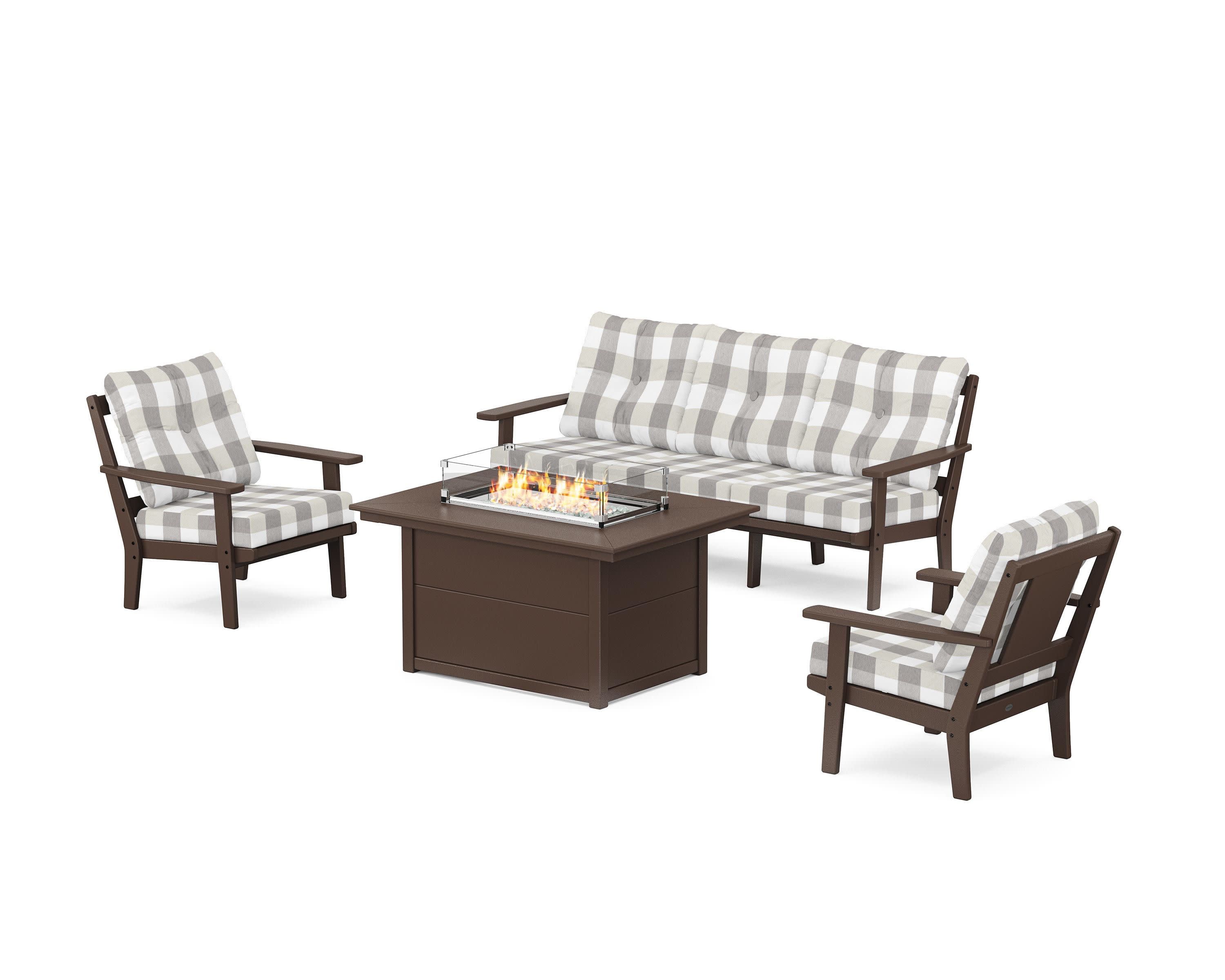 Prairie Deep Seating Fire Pit Table Set in Mahogany / Buffalo Plaid Grey Mist