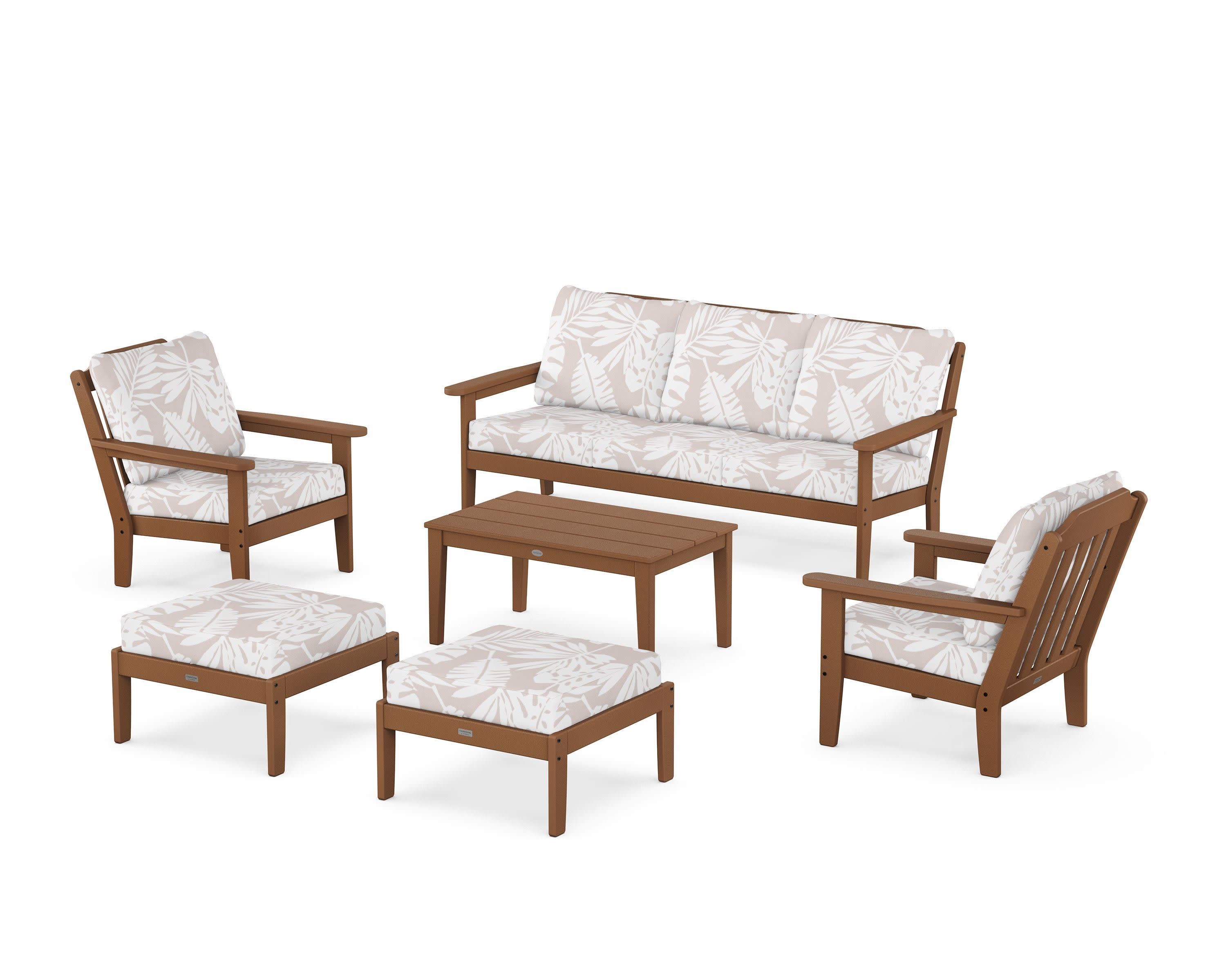 Cottage 6-Piece Lounge Sofa Set in Teak / Leaf Dune Burlap
