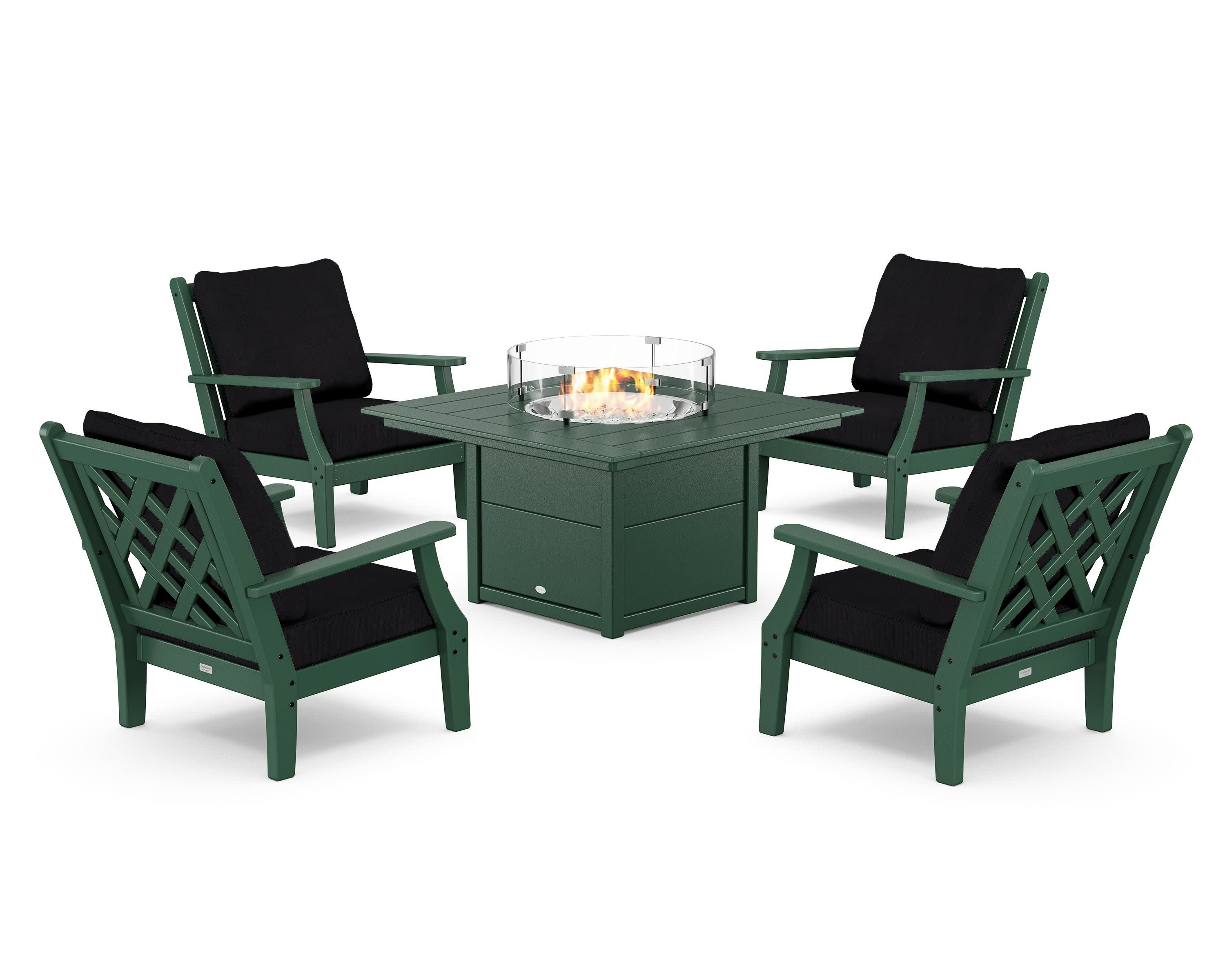 Wovendale 5-Piece Deep Seating Set with Fire Pit Table in Green / Midnight Linen