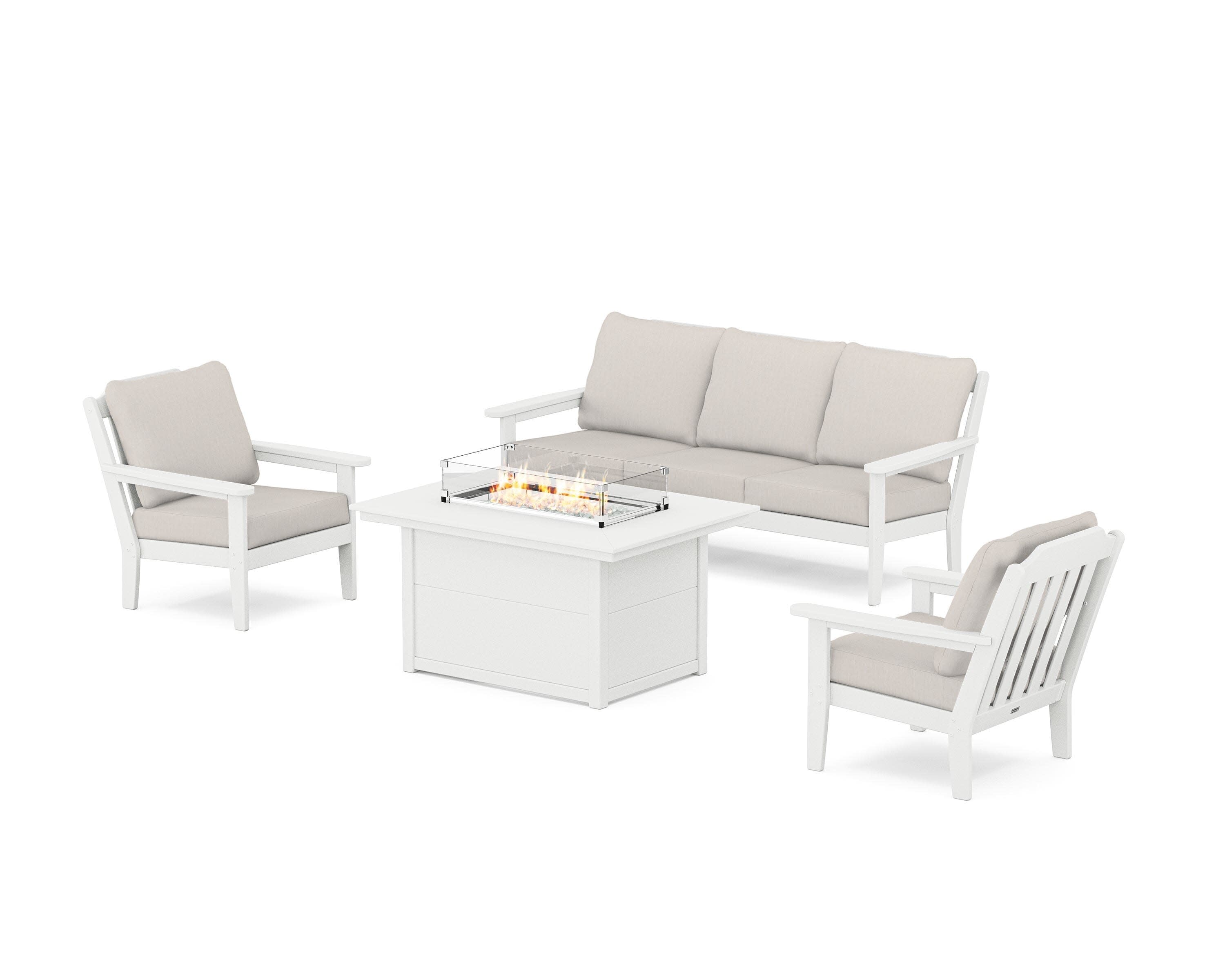 Cottage Deep Seating Fire Pit Table Set in White / Cast Ash