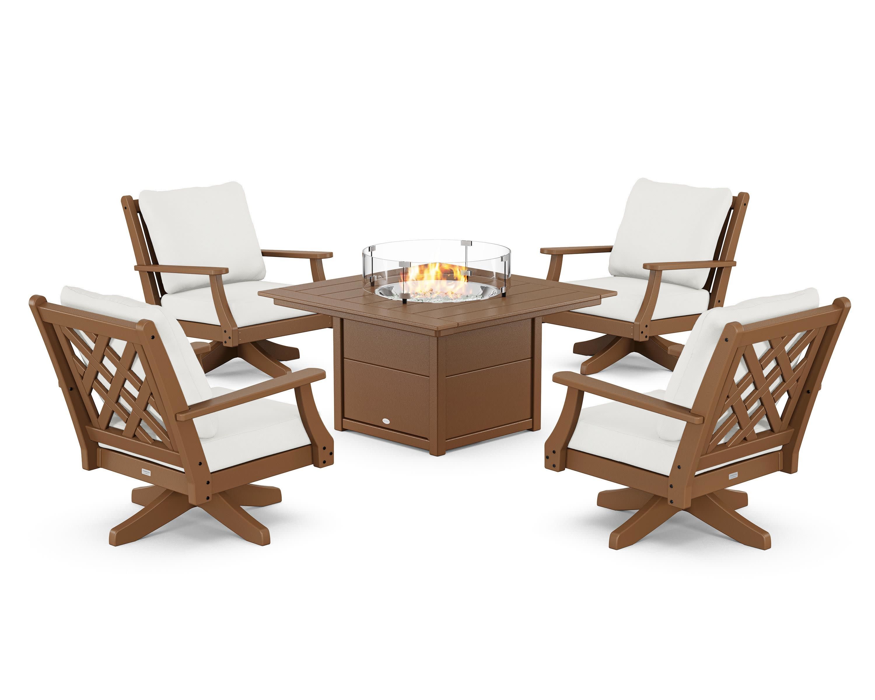 Wovendale 5-Piece Deep Seating Swivel Conversation Set with Fire Pit Table in Teak / Natural Linen