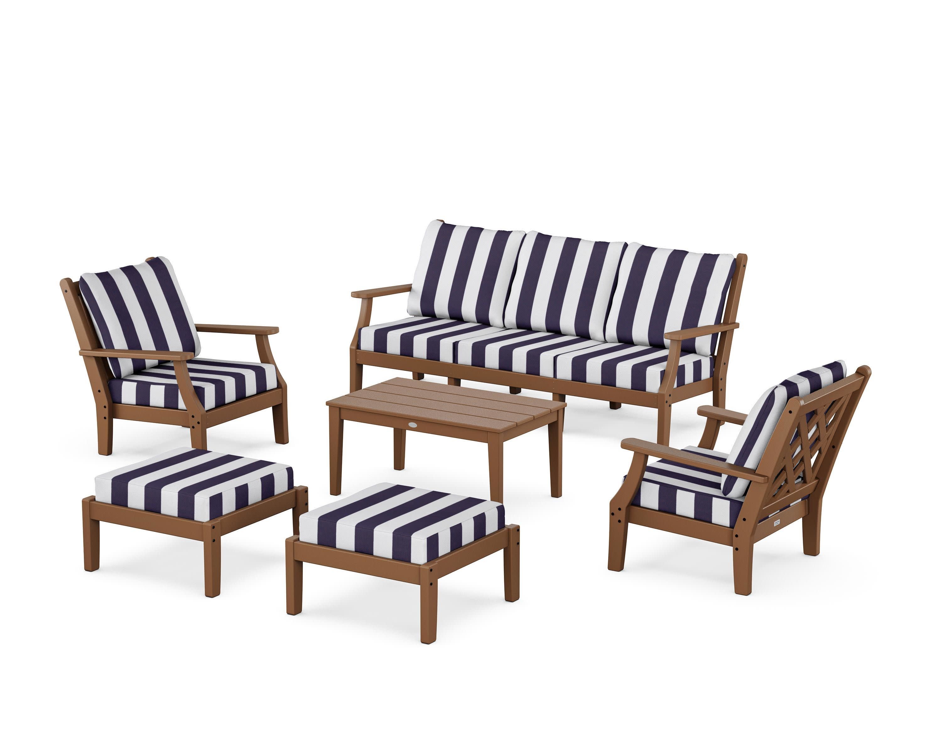 Wovendale 6-Piece Lounge Sofa Set in Teak / Cabana Stripe Navy