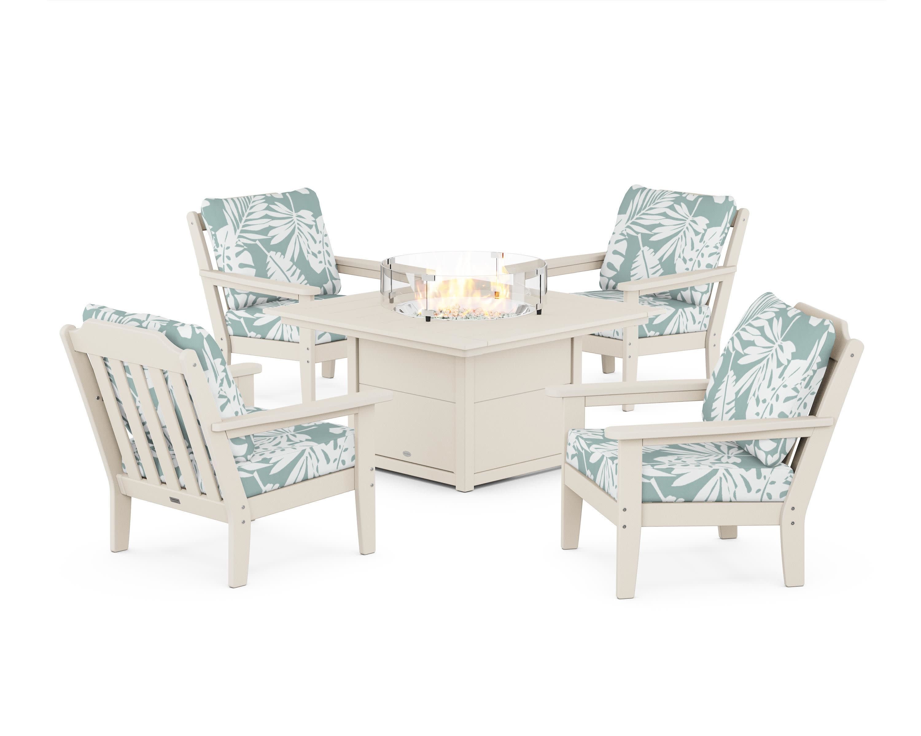 Cottage 5-Piece Deep Seating Set with Fire Pit Table in Sand / Leaf Glacier Spa