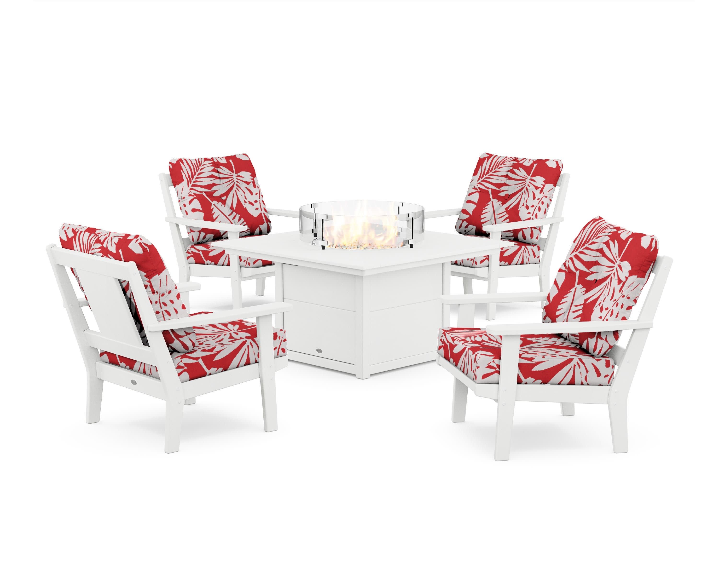 Prairie 5-Piece Deep Seating Set with Fire Pit Table in White / Leaf Crimson