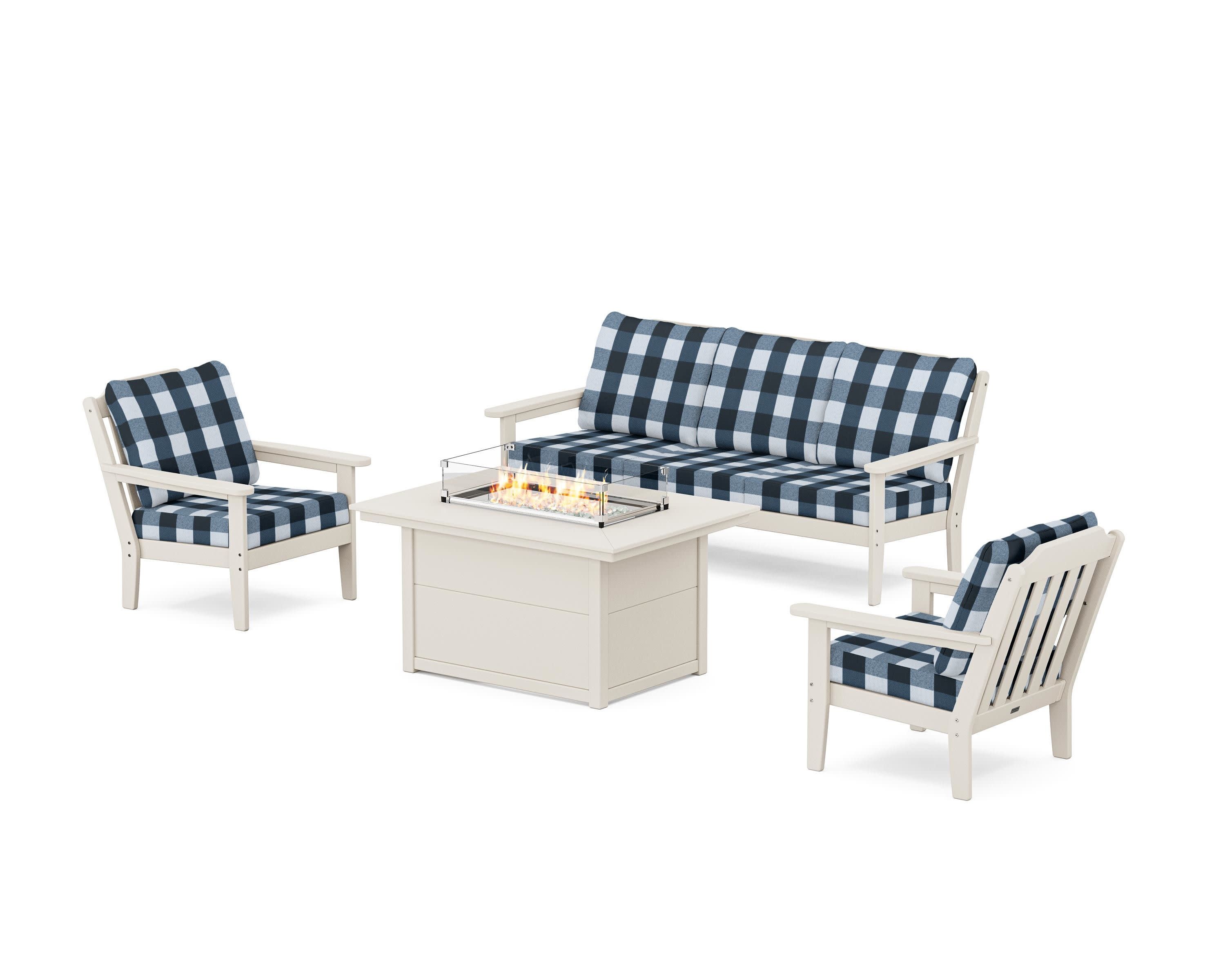 Cottage Deep Seating Fire Pit Table Set in Sand / Buffalo Plaid Marine Indigo