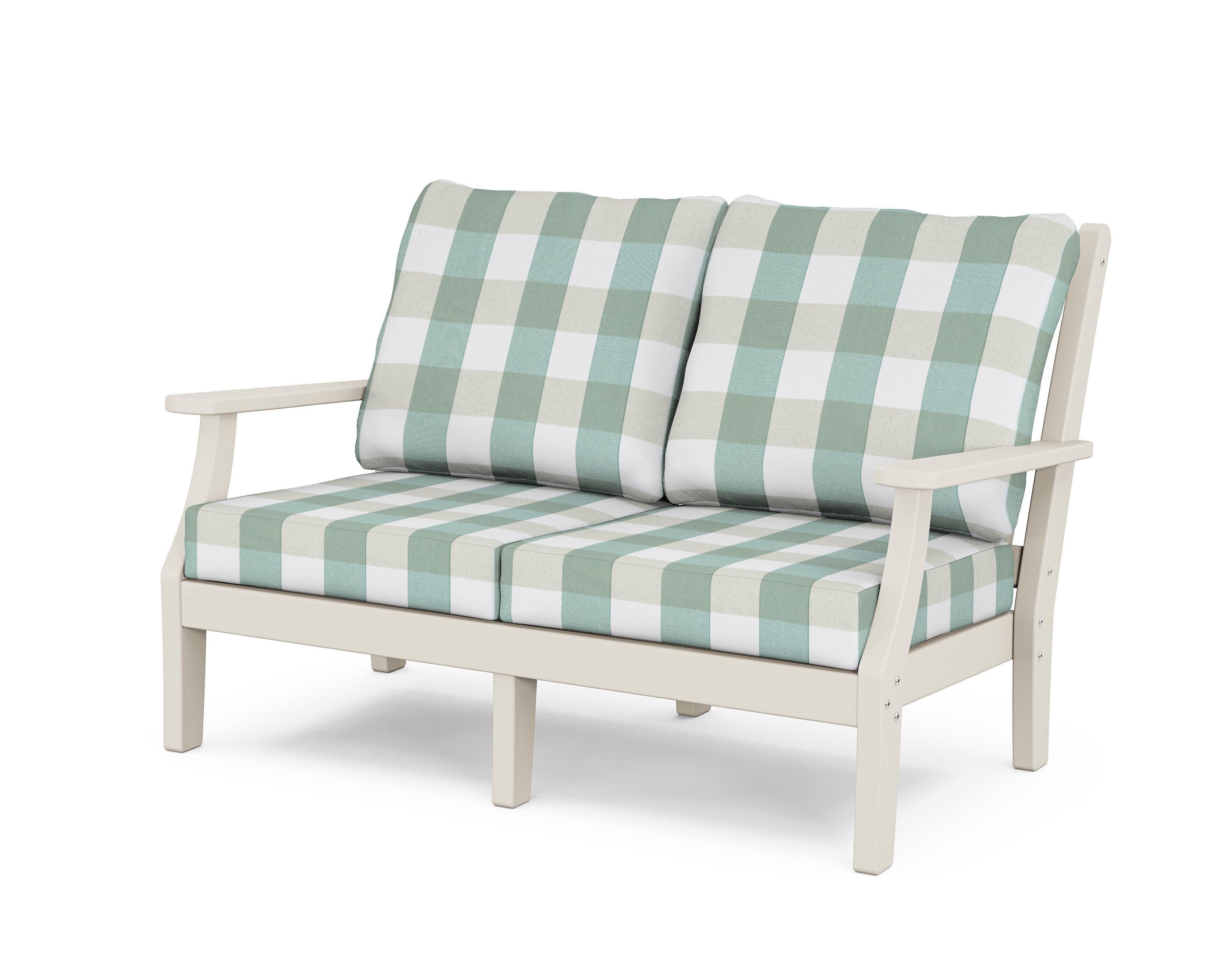 Wovendale Deep Seating Loveseat in Sand / Buffalo Plaid Glacier Spa