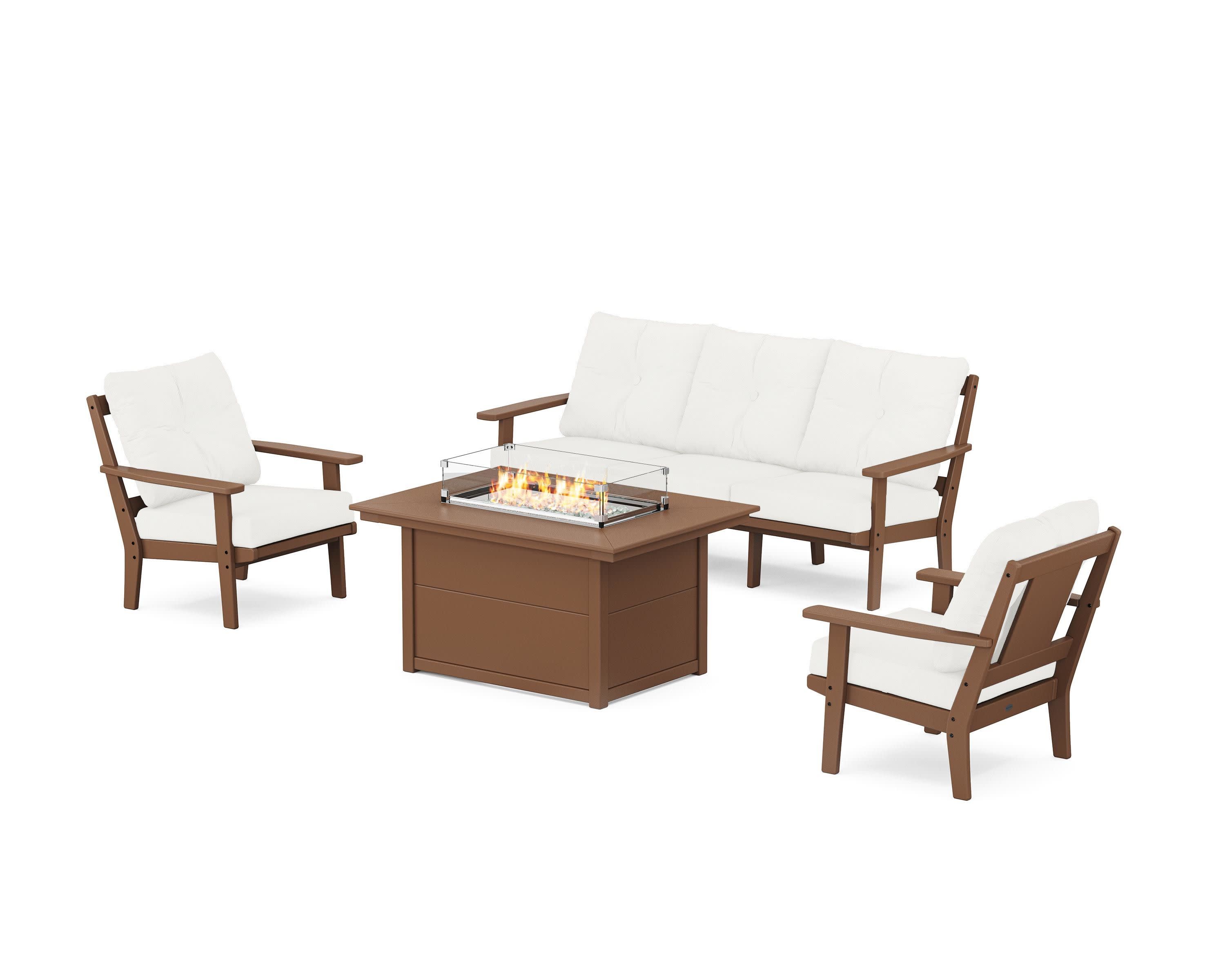 Prairie Deep Seating Fire Pit Table Set in Teak / Natural Linen