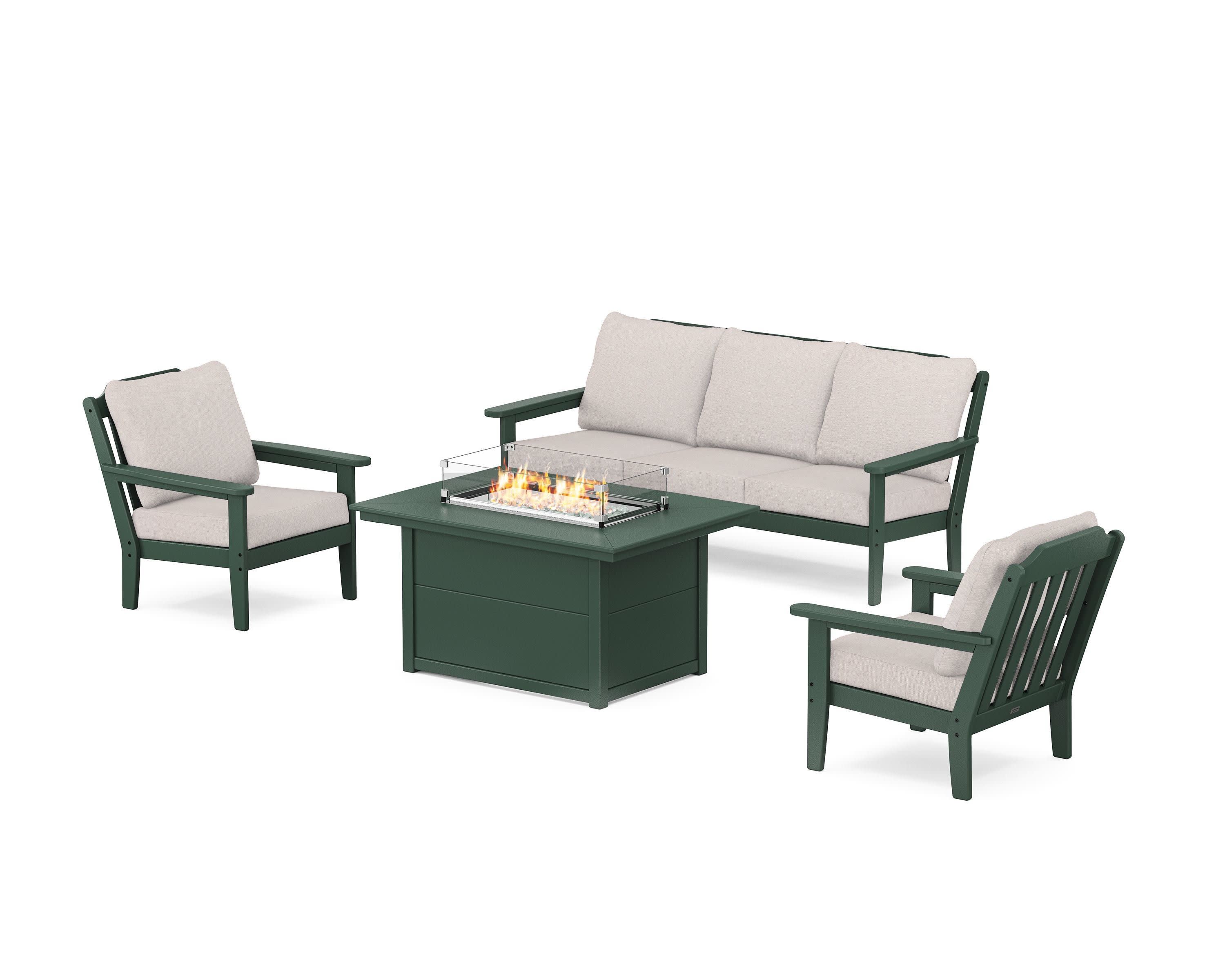 Cottage Deep Seating Fire Pit Table Set in Green / Dune Burlap