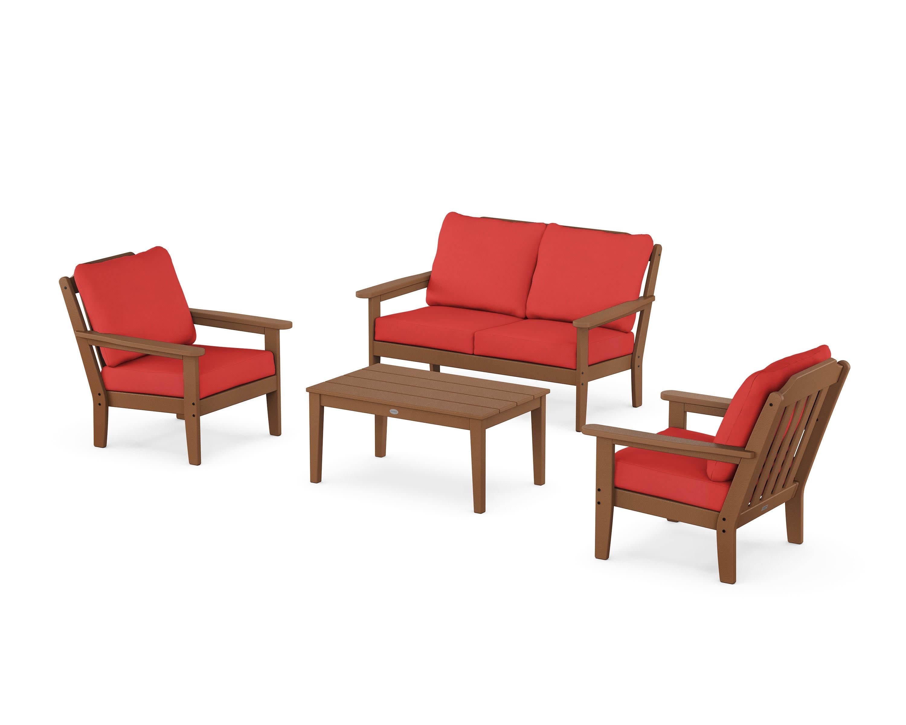 Cottage 4-Piece Deep Seating Set with Loveseat in Teak / Crimson Linen