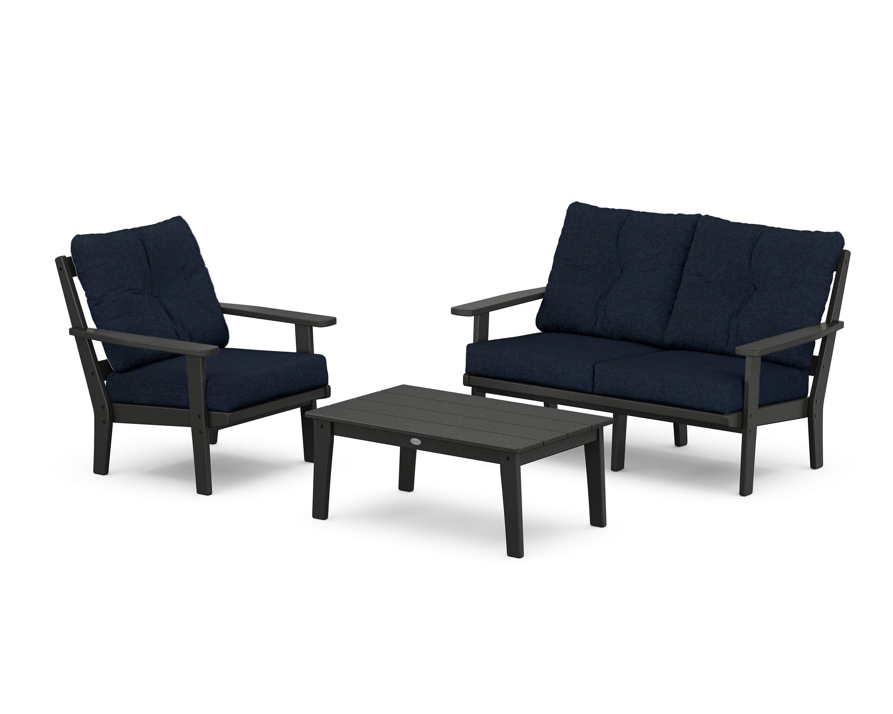 Prairie 3-Piece Deep Seating Set with Loveseat in Black / Marine Indigo