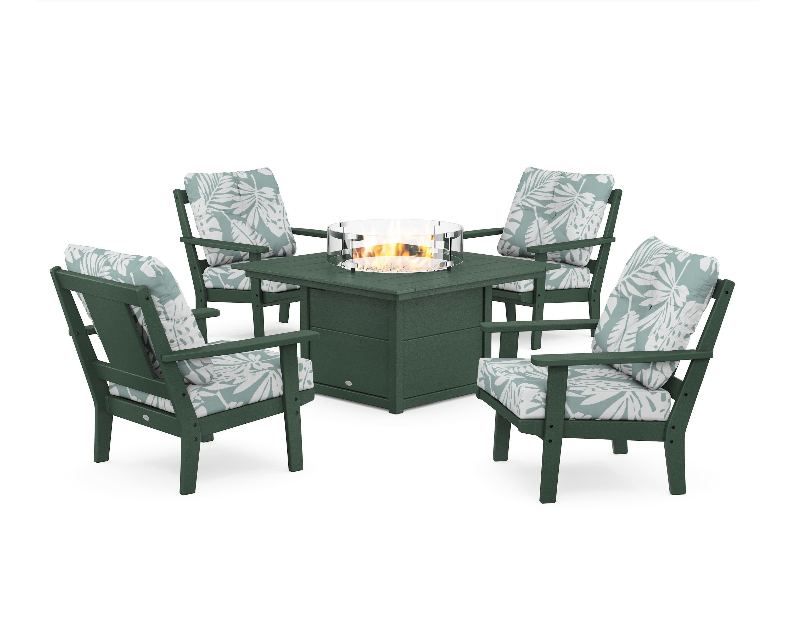 Prairie 5-Piece Deep Seating Set with Fire Pit Table in Green / Leaf Glacier Spa