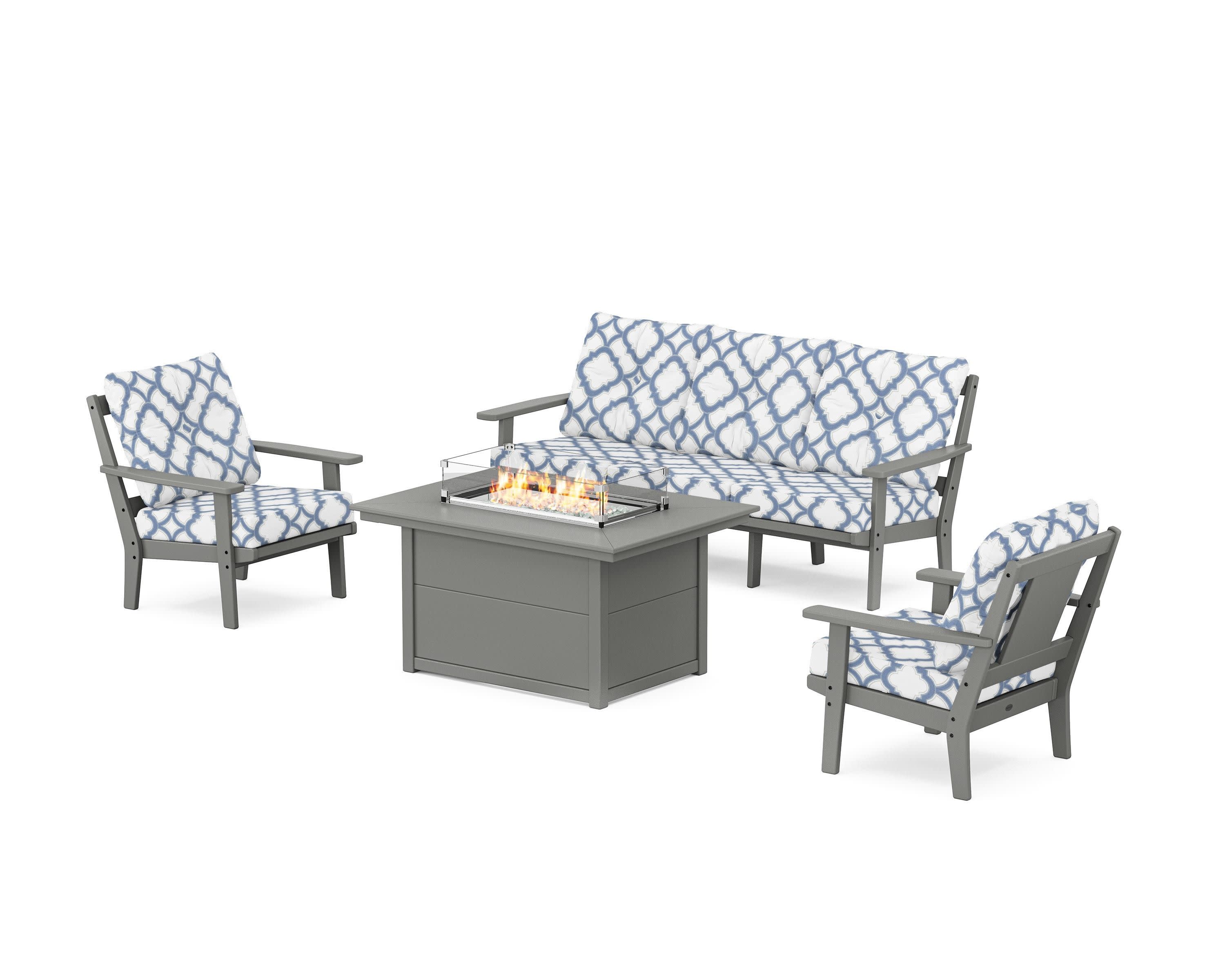 Prairie Deep Seating Fire Pit Table Set in Slate Grey / Trellis Sky Blue