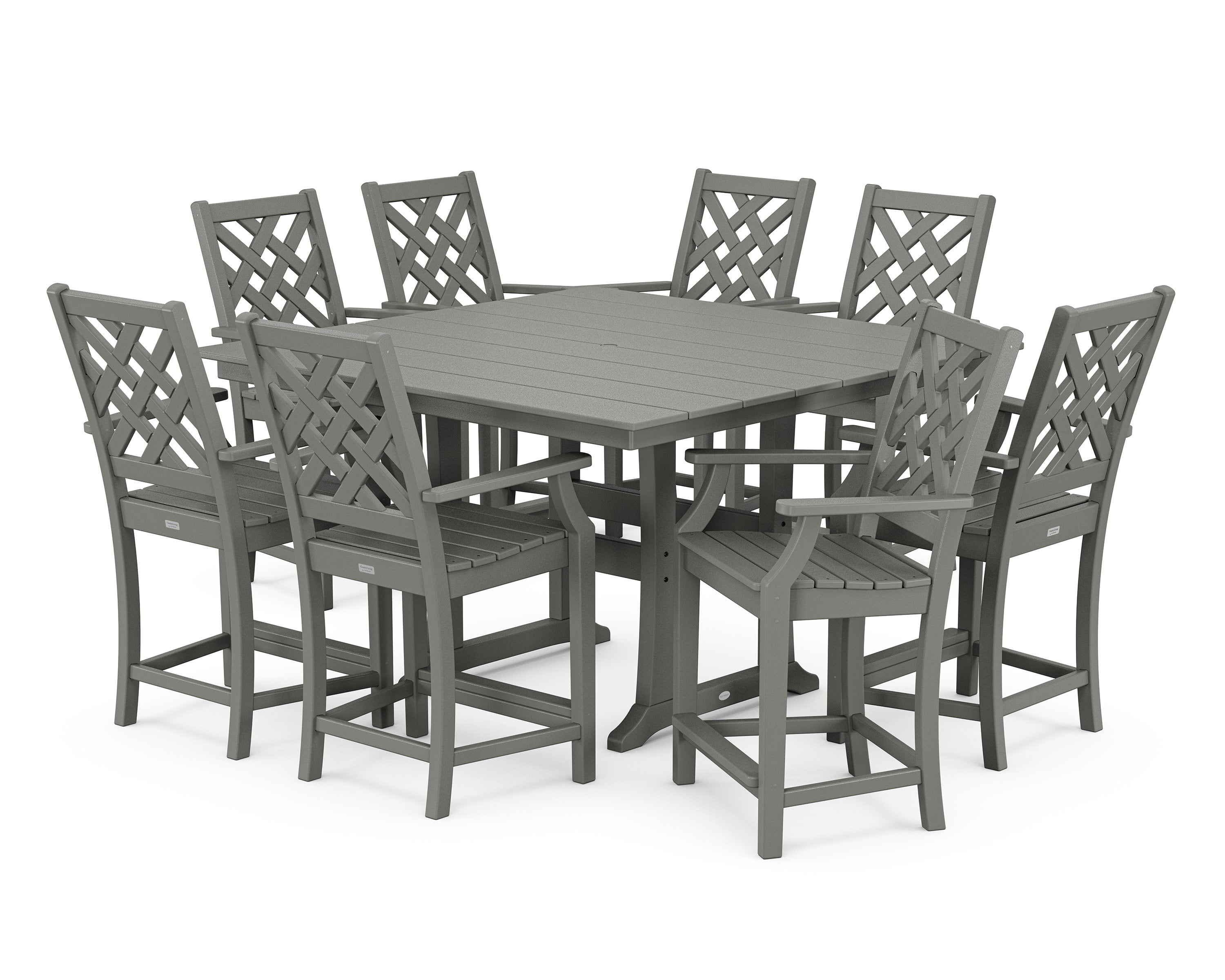 Wovendale 9-Piece Square Farmhouse Counter Set with Trestle Legs in Slate Grey