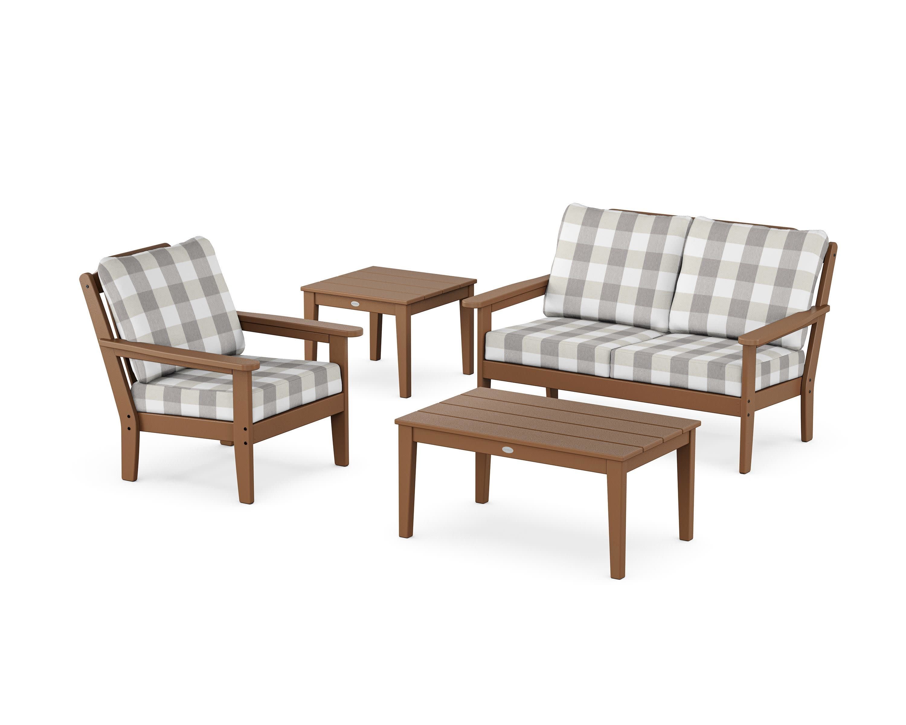 Wovendale 4-Piece Deep Seating Set in Teak / Buffalo Plaid Grey Mist