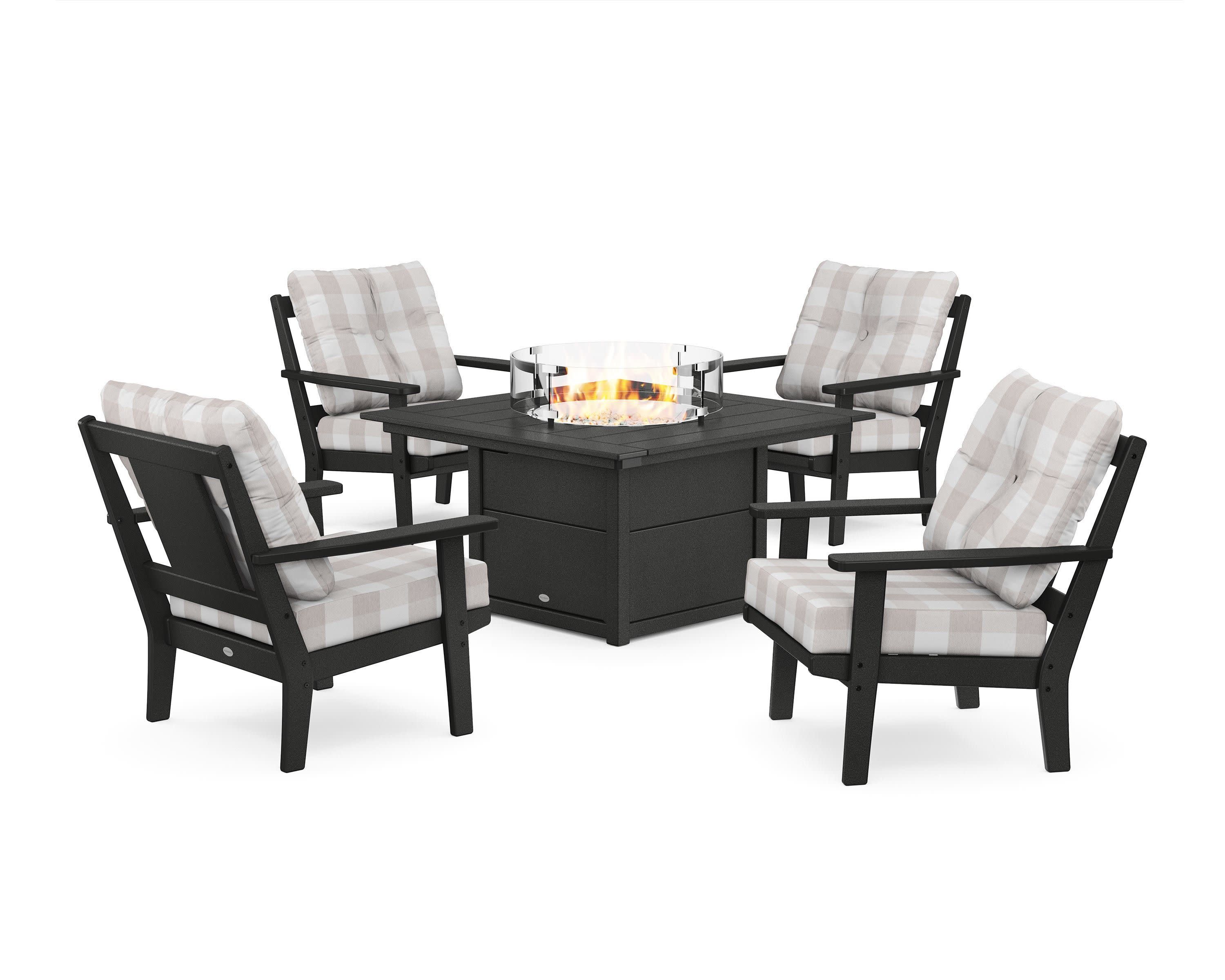 Prairie 5-Piece Deep Seating Set with Fire Pit Table in Black / Buffalo Plaid Dune Burlap