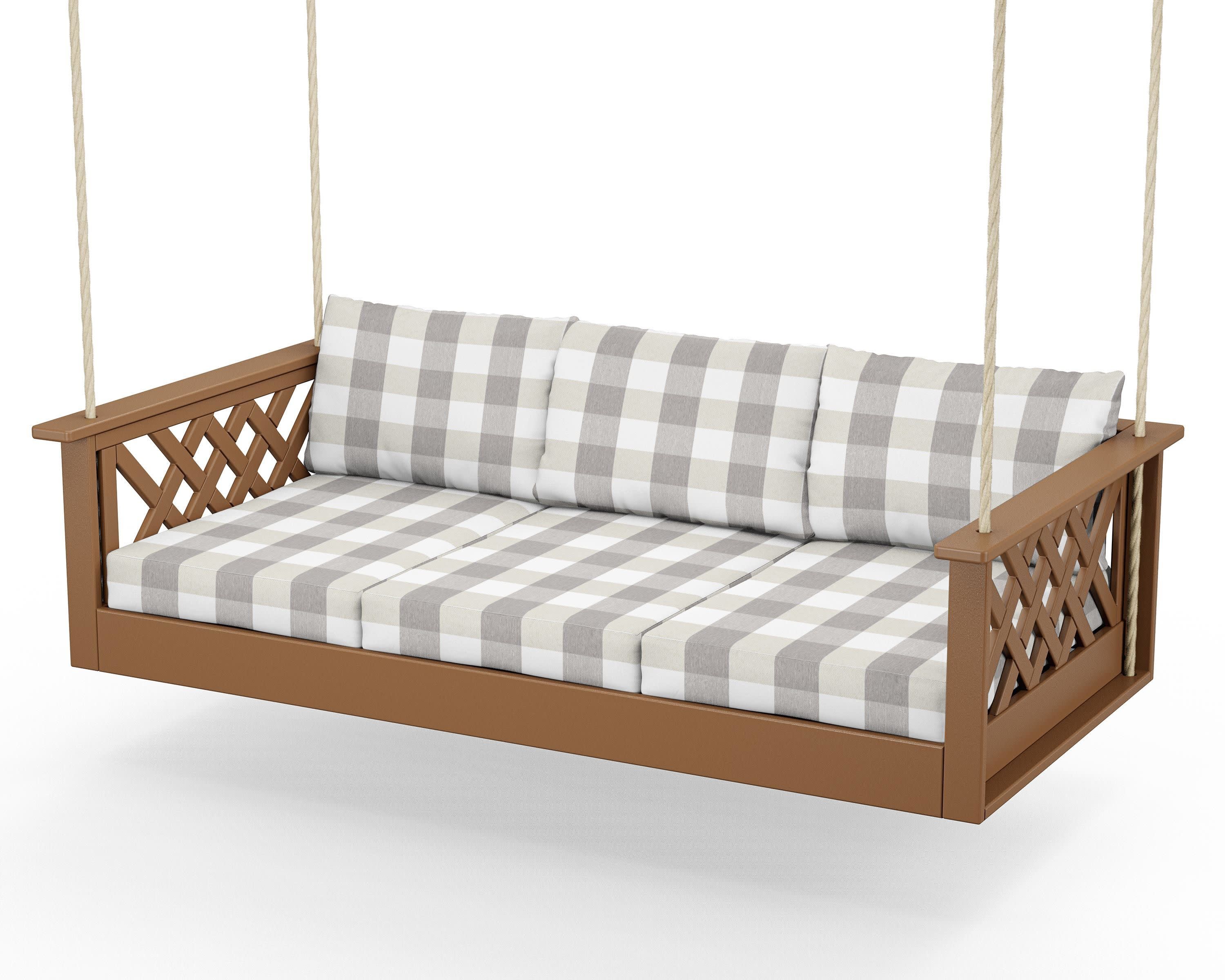 Wovendale Daybed Swing in Teak / Buffalo Plaid Grey Mist