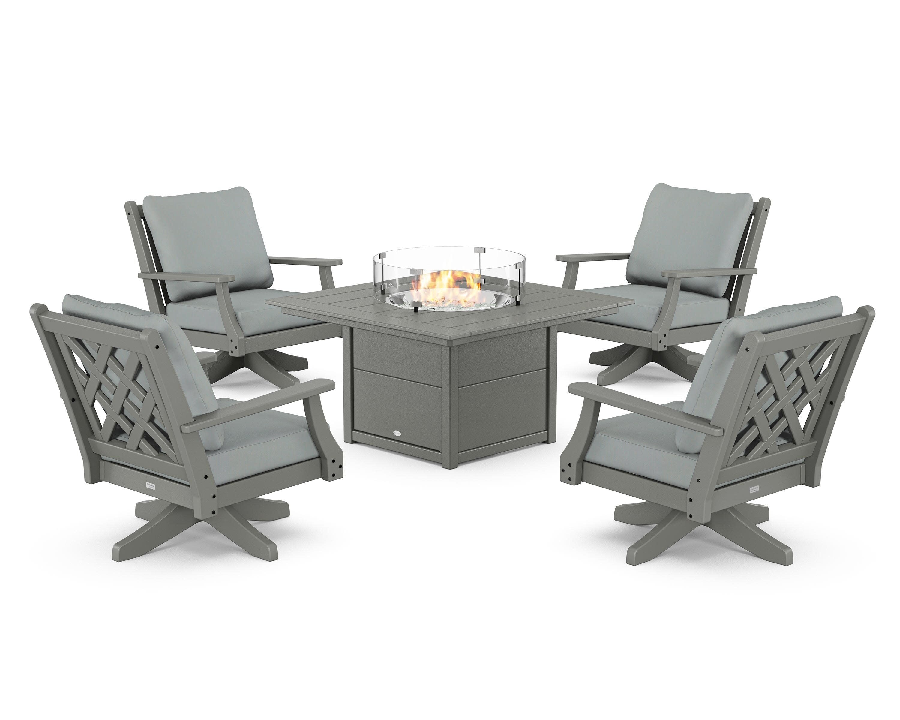 Wovendale 5-Piece Deep Seating Swivel Conversation Set with Fire Pit Table in Slate Grey / Spa