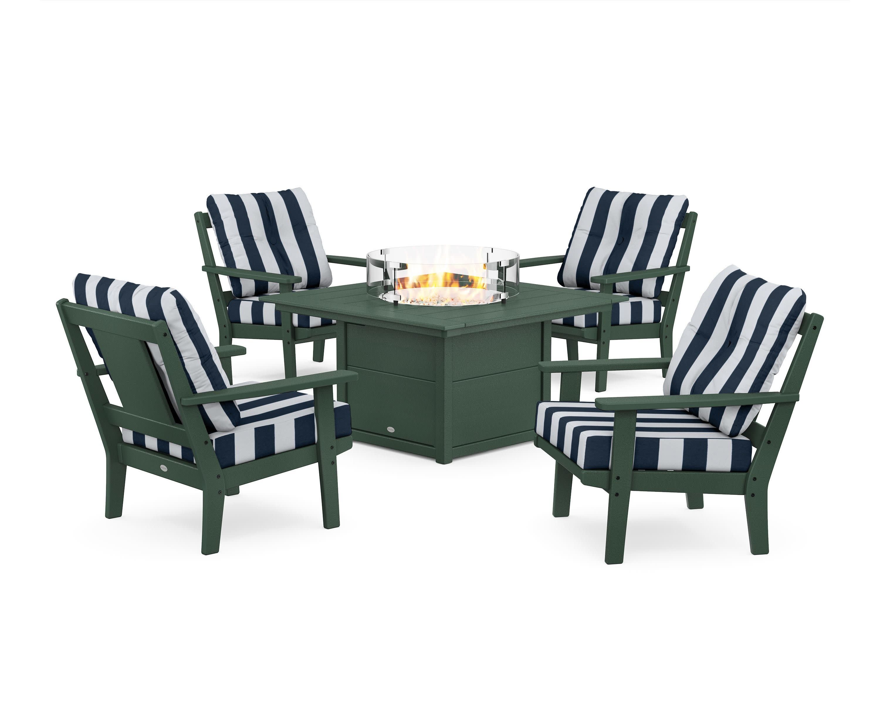 Prairie 5-Piece Deep Seating Set with Fire Pit Table in Green / Cabana Stripe Marine Indigo