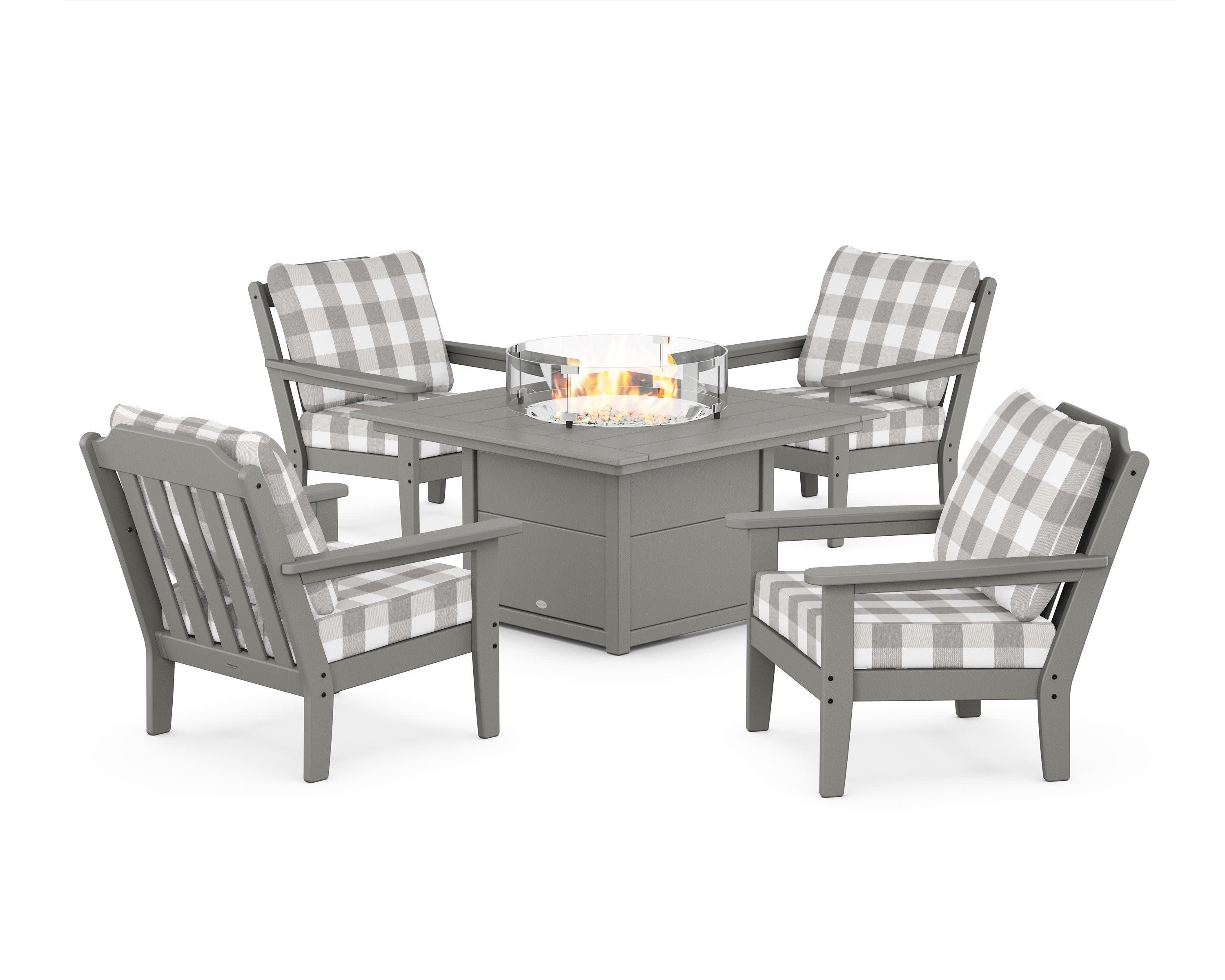 Cottage 5-Piece Deep Seating Set with Fire Pit Table in Slate Grey / Buffalo Plaid Grey Mist