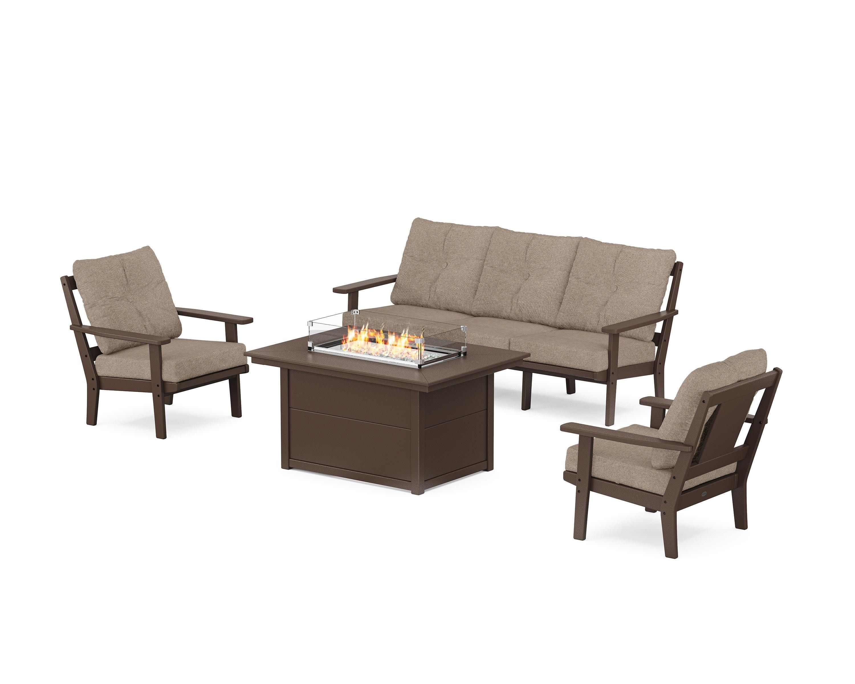Prairie Deep Seating Fire Pit Table Set in Mahogany / Spiced Burlap