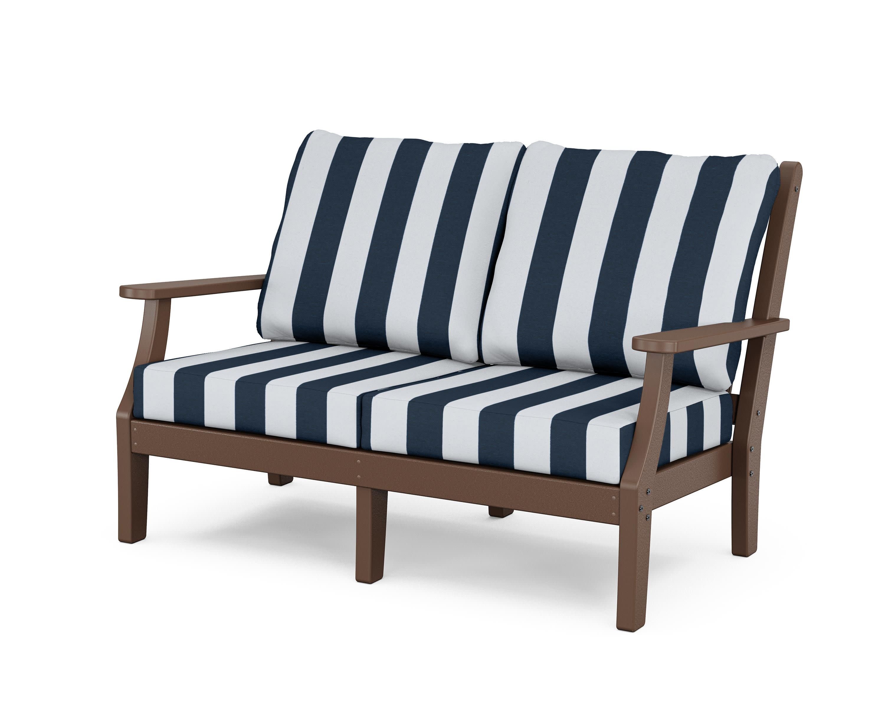 Wovendale Deep Seating Loveseat in Mahogany / Cabana Stripe Marine Indigo