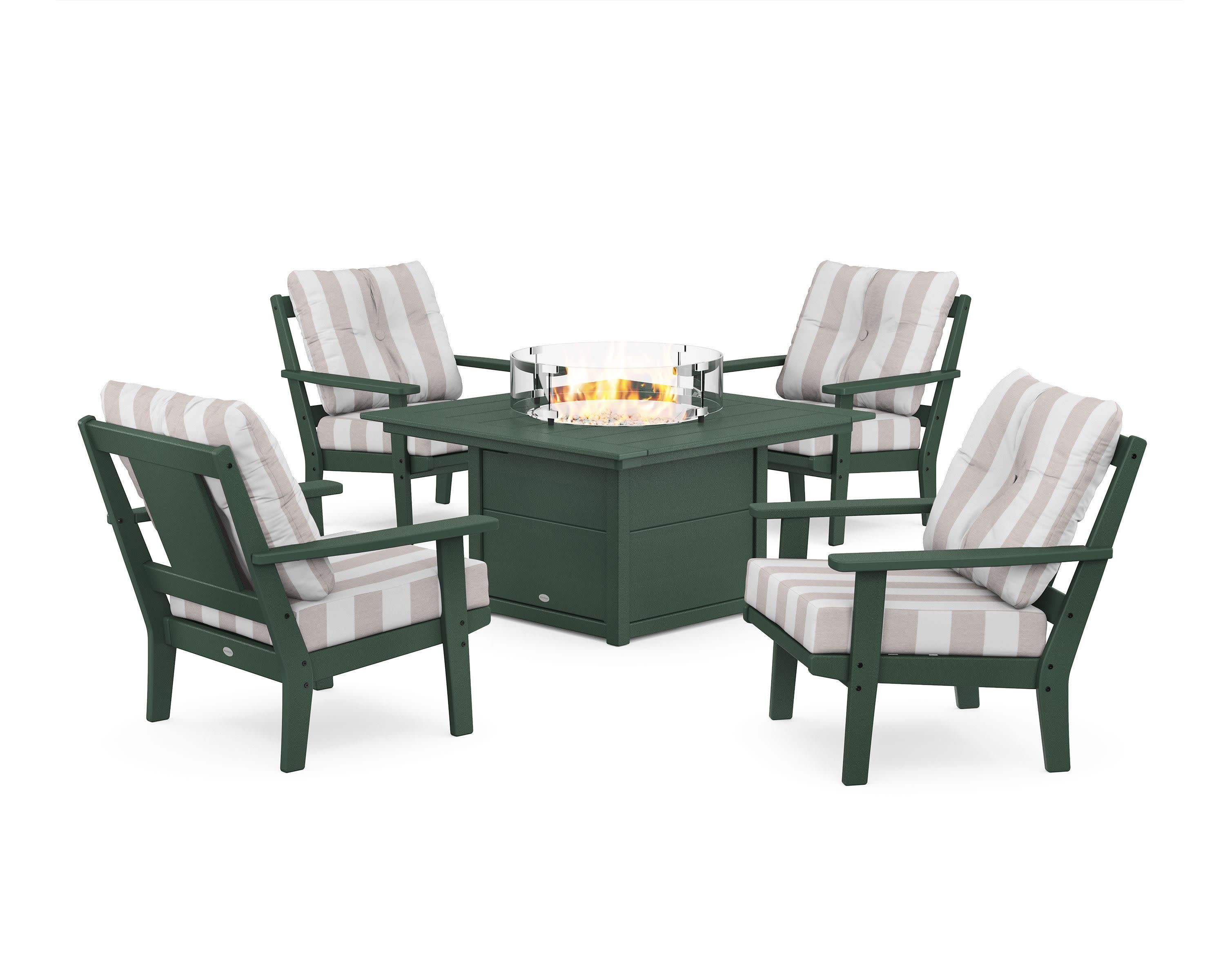 Prairie 5-Piece Deep Seating Set with Fire Pit Table in Green / Cabana Stripe Dune Burlap