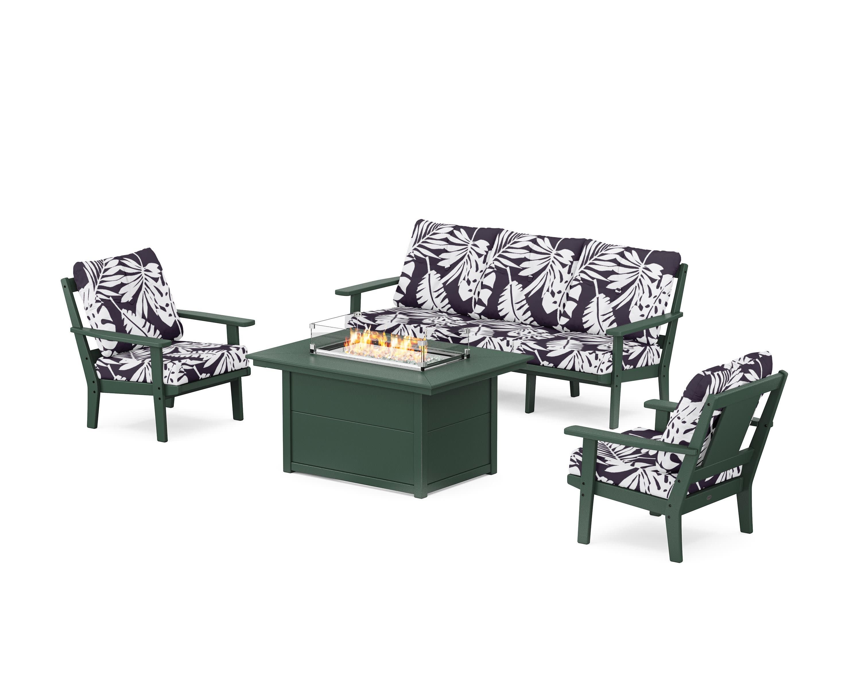 Prairie Deep Seating Fire Pit Table Set in Green / Leaf Navy