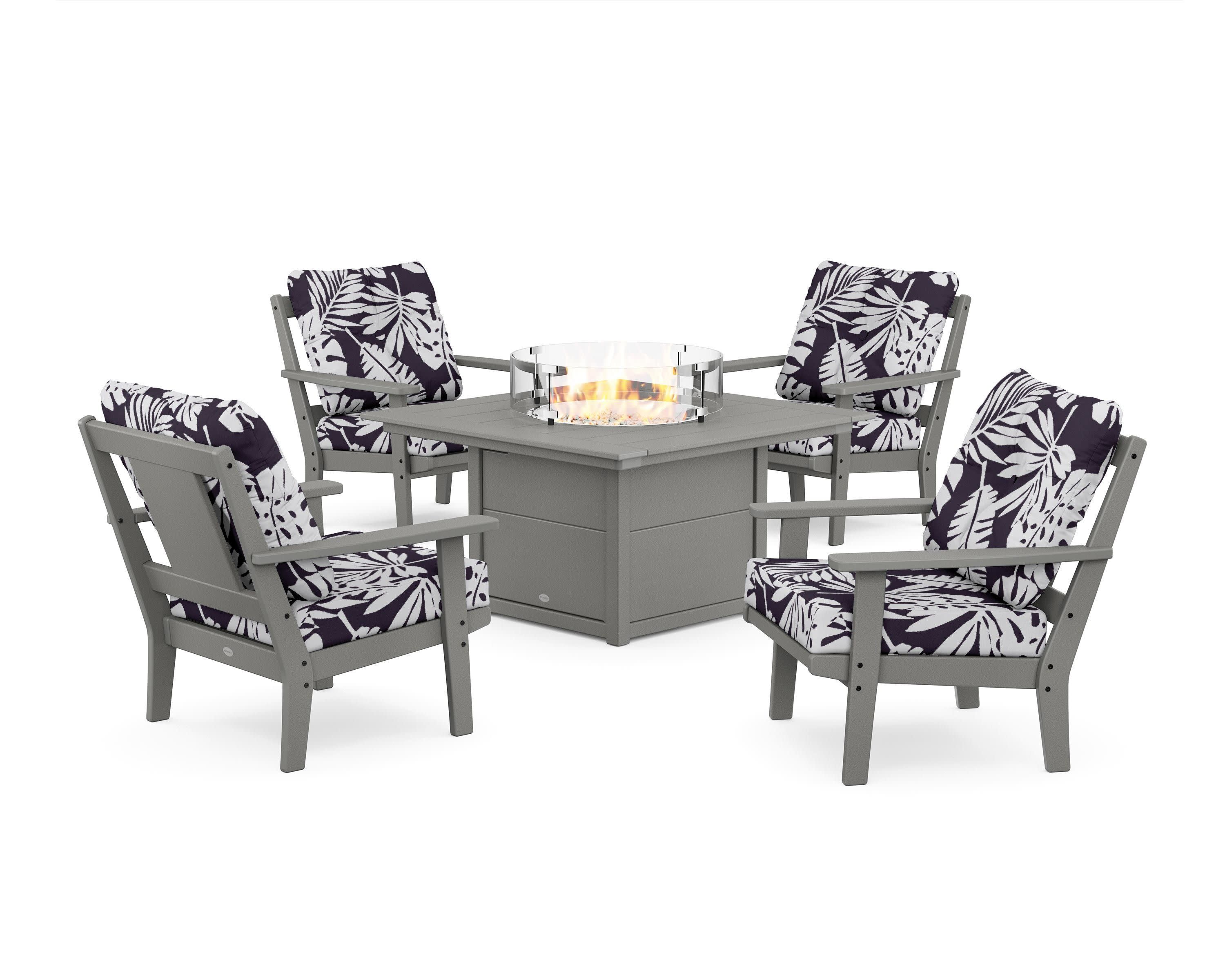 Prairie 5-Piece Deep Seating Set with Fire Pit Table in Slate Grey / Leaf Navy