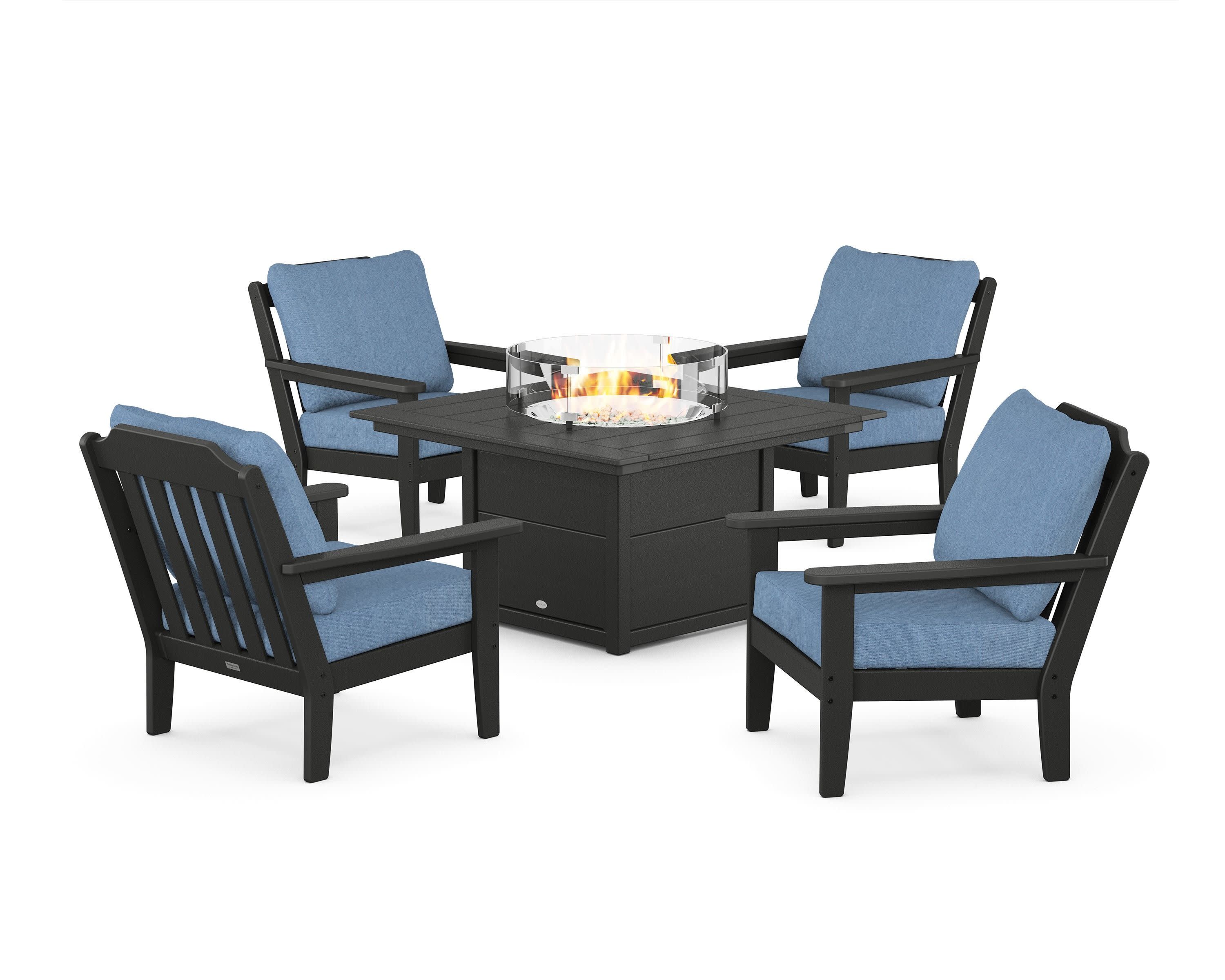 Cottage 5-Piece Deep Seating Set with Fire Pit Table in Black / Sky Blue