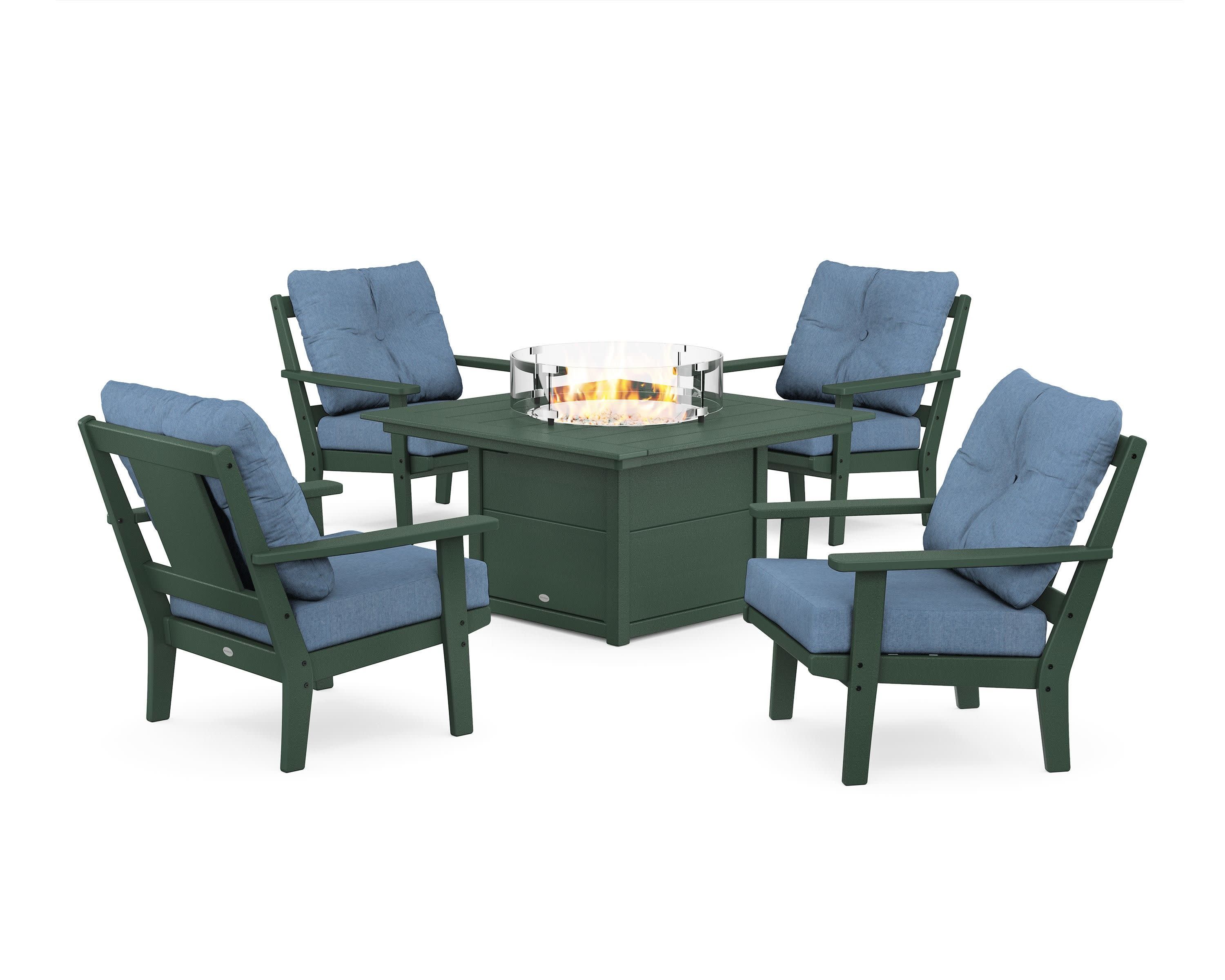 Prairie 5-Piece Deep Seating Set with Fire Pit Table in Green / Sky Blue