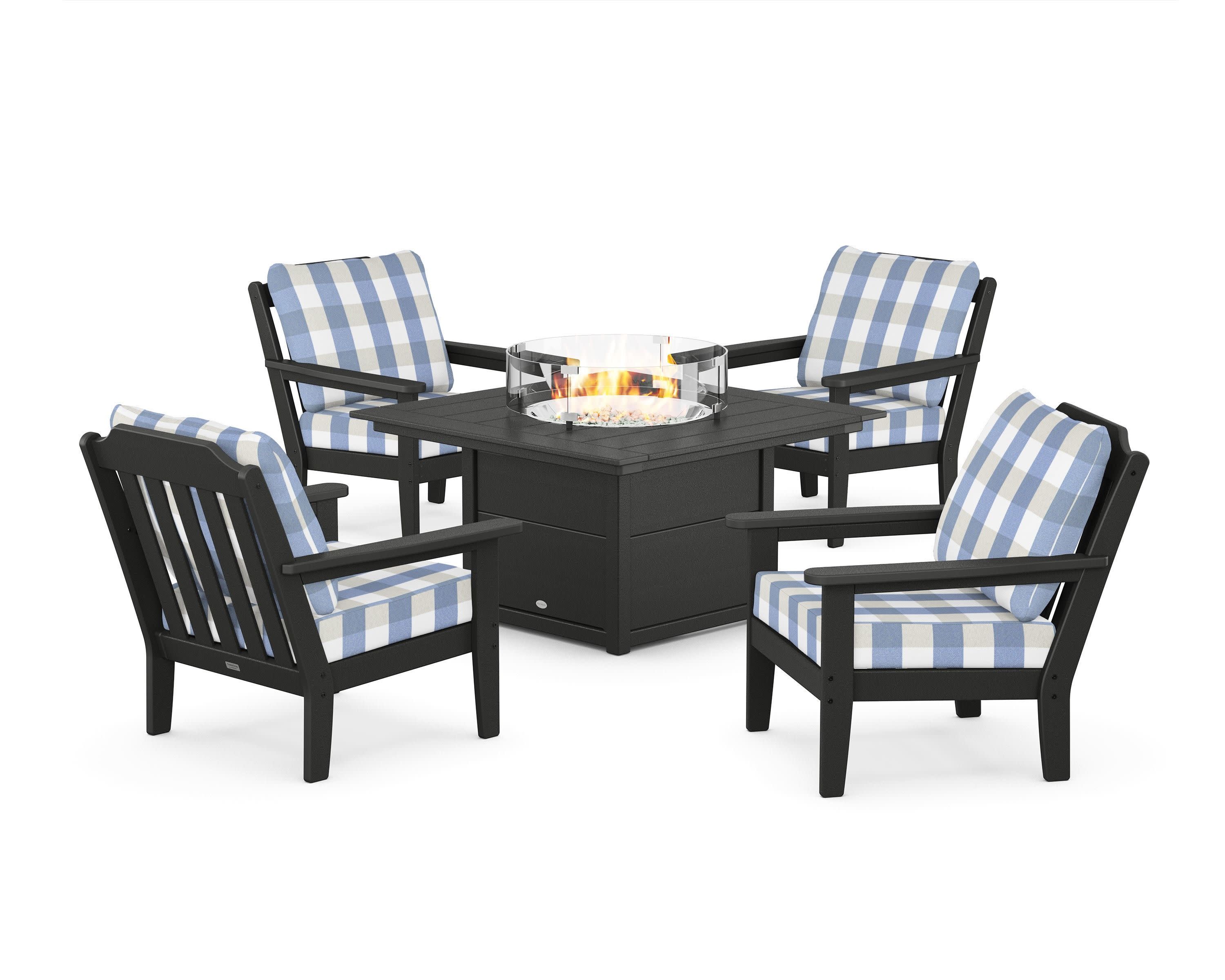 Cottage 5-Piece Deep Seating Set with Fire Pit Table in Black / Buffalo Plaid Sky Blue