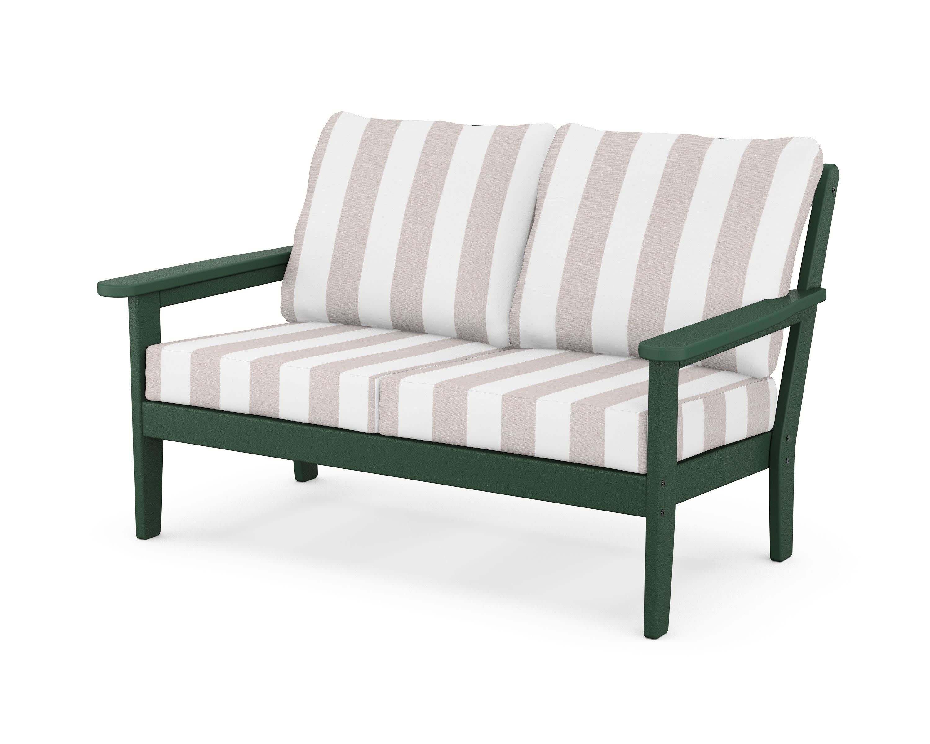 Cottage Deep Seating Loveseat in Green / Cabana Stripe Dune Burlap