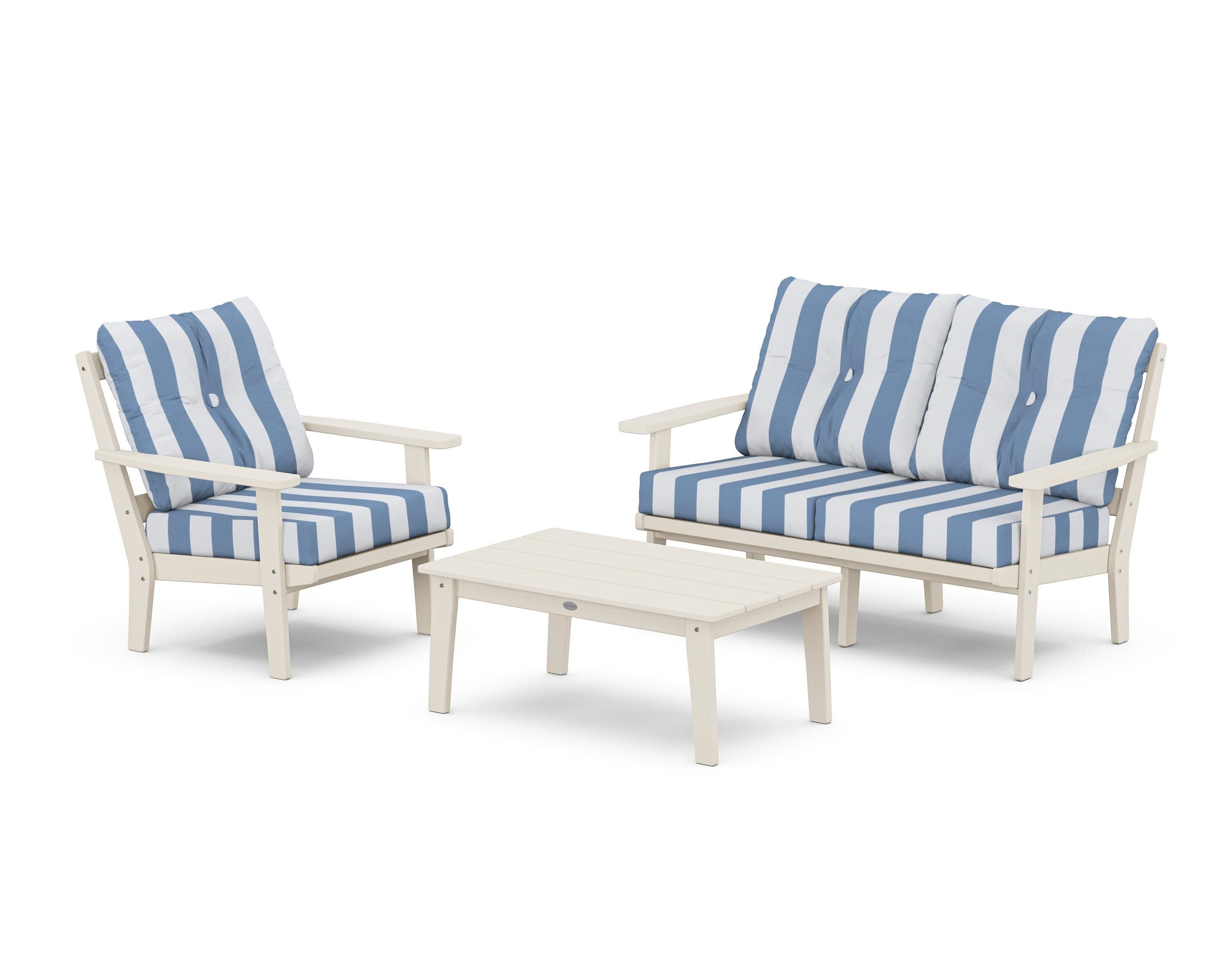 Prairie 3-Piece Deep Seating Set with Loveseat in Sand / Cabana Stripe Sky Blue
