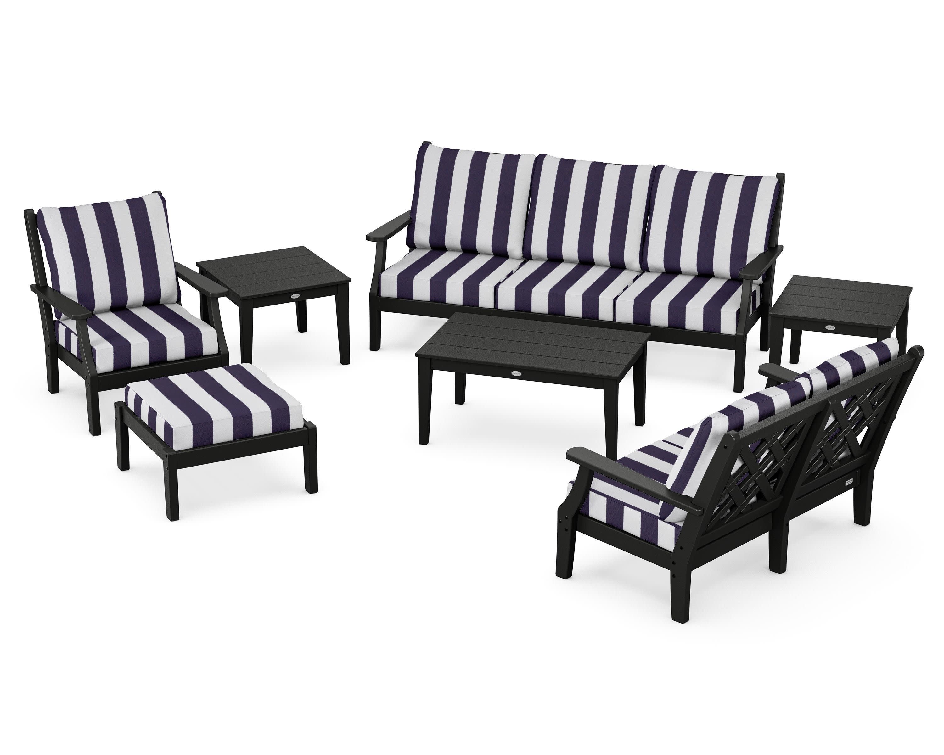 Wovendale 7-Piece Deep Seating Set in Black / Cabana Stripe Navy